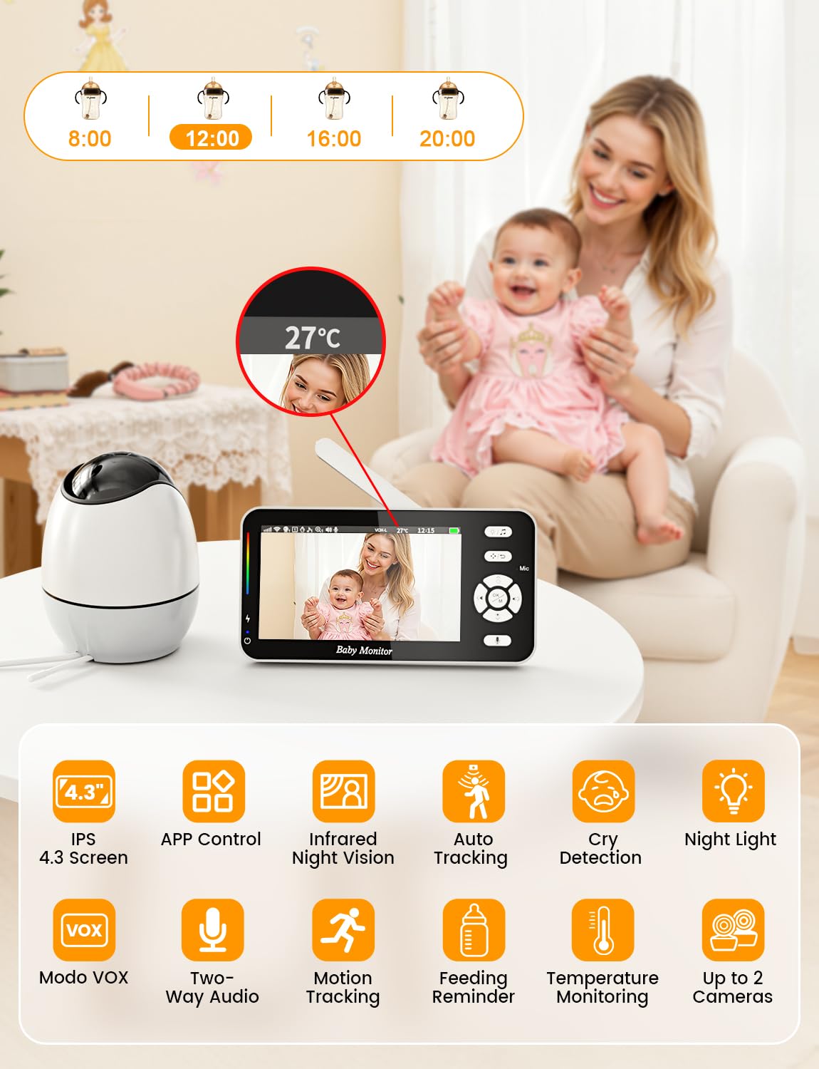 BURNNOVE Baby Monitor Video e Audio WiFi 4,3 Pollici IPS 3500mAh Batteria VOX Luce Notturna Rilevamento Temperatura