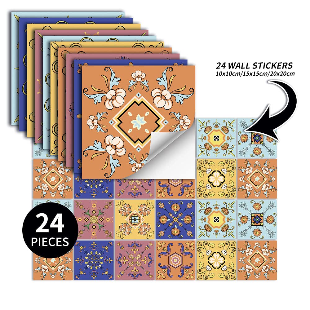 24 stuks tegelstickers, zelfklevende wandtegels voor keuken en badkamer, oliebestendig, afpelbaar en geschikt voor doe-het-zelf vloermandala (20x20cm, Marokko 2