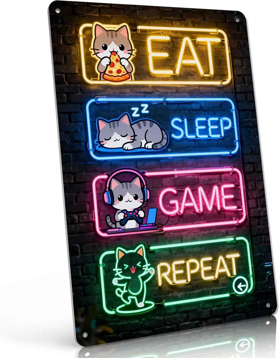 Gamer Cat Repeat Neon Metal Sign 8 x 12 Inch