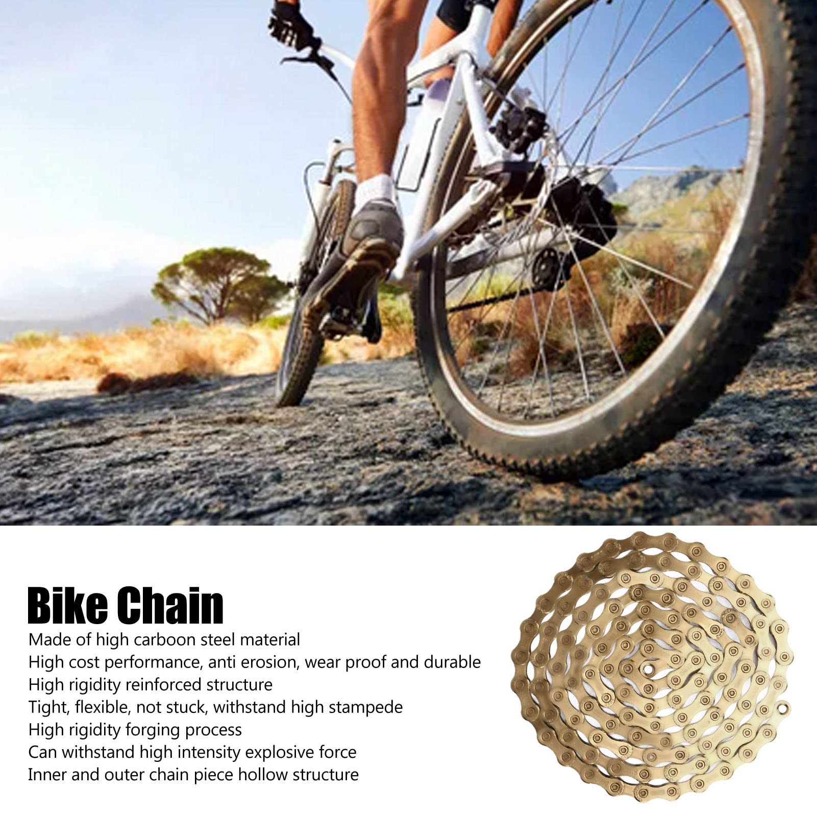 Cadena de bicicleta Cadena hueca de acero con alto contenido de carbono de 10 velocidades para bicicleta de montaña Bicicleta de carretera Oro 316 g Ligera Duradera Resistente a