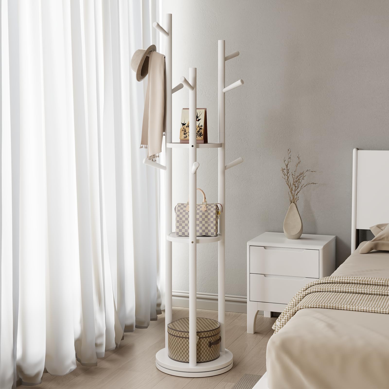 AQIMUELE Perchero, Perchero de Madera Maciza, 9 Ganchos, Colgador para Abrigos, Bolsos, Gorras, Ideal para Entrada, Pasillo, Altura de 163 cm, Blanco
