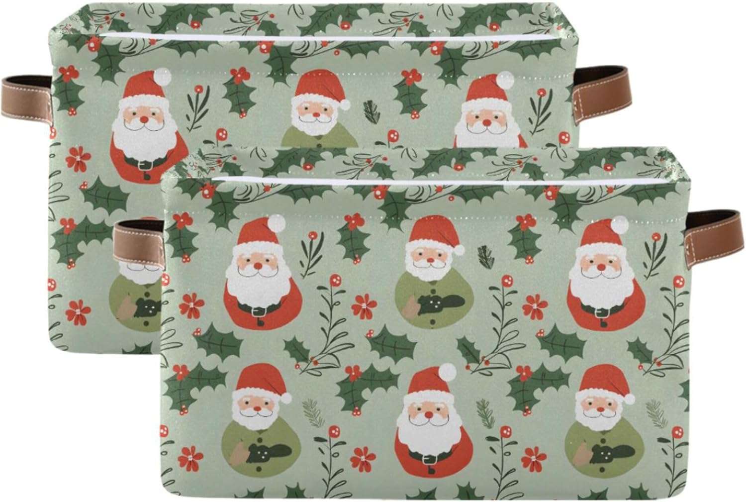 MNSRUU Storage Basket Santa Claus Green Collapsible Organizer Basket for Shelves with PU Handles, Decorative Waterproof Nursery Laundry Storage Cubes Bins, 2 Pack