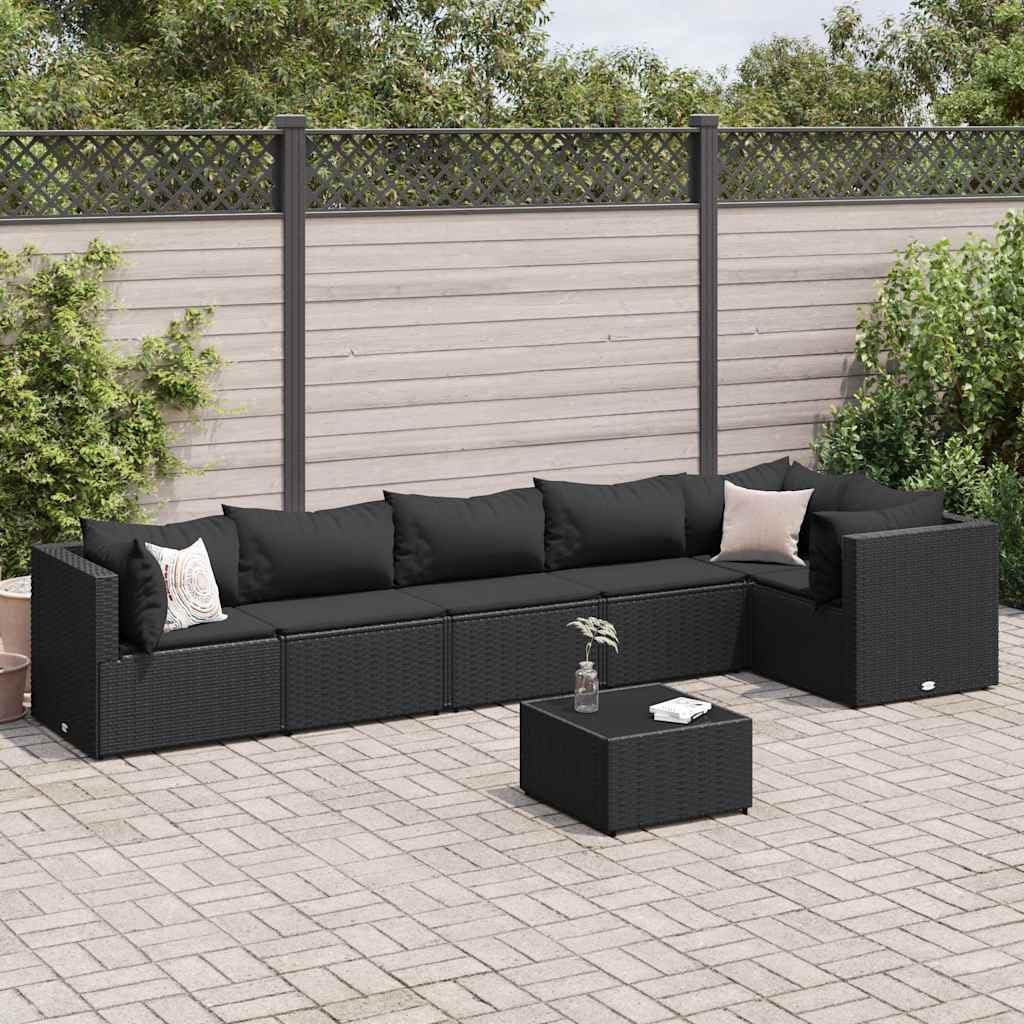 7 Piece Patio Lounge Set with Black PE Rattan, Powder-Coated Steel Frame and Tempered Glass Table, Modular Outdoor Furniture with Comfortable Cushions, Weather-Resistant
