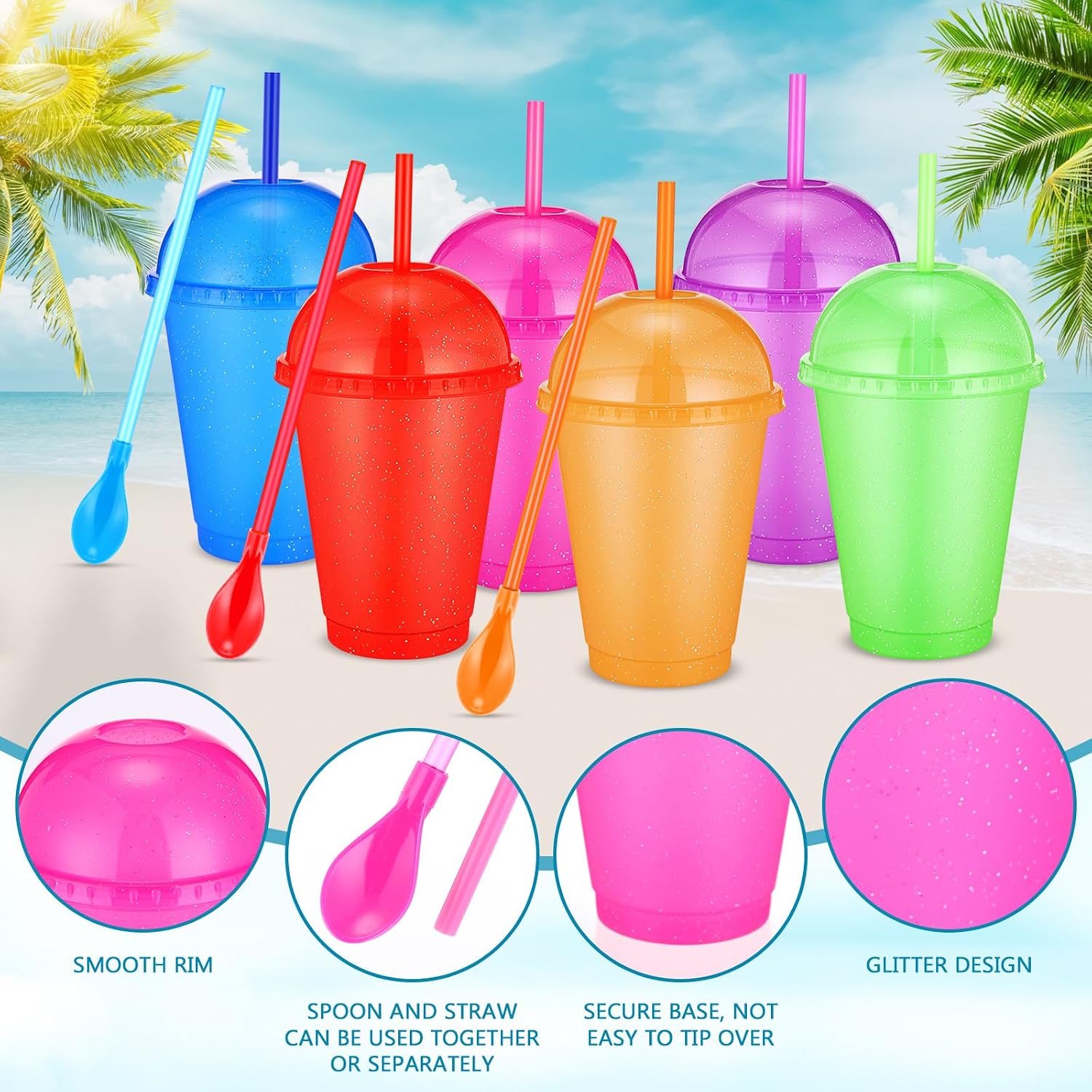 Mumufy 18 Sets Slushie Cups with Dome Lid and Straw Detachable Spoon Straws 16oz Reusable Plastic Iced Coffee Cups Smoothie Tumbler for Yogurt Beverage Birthday Wedding Party Supplies (6 Colors)