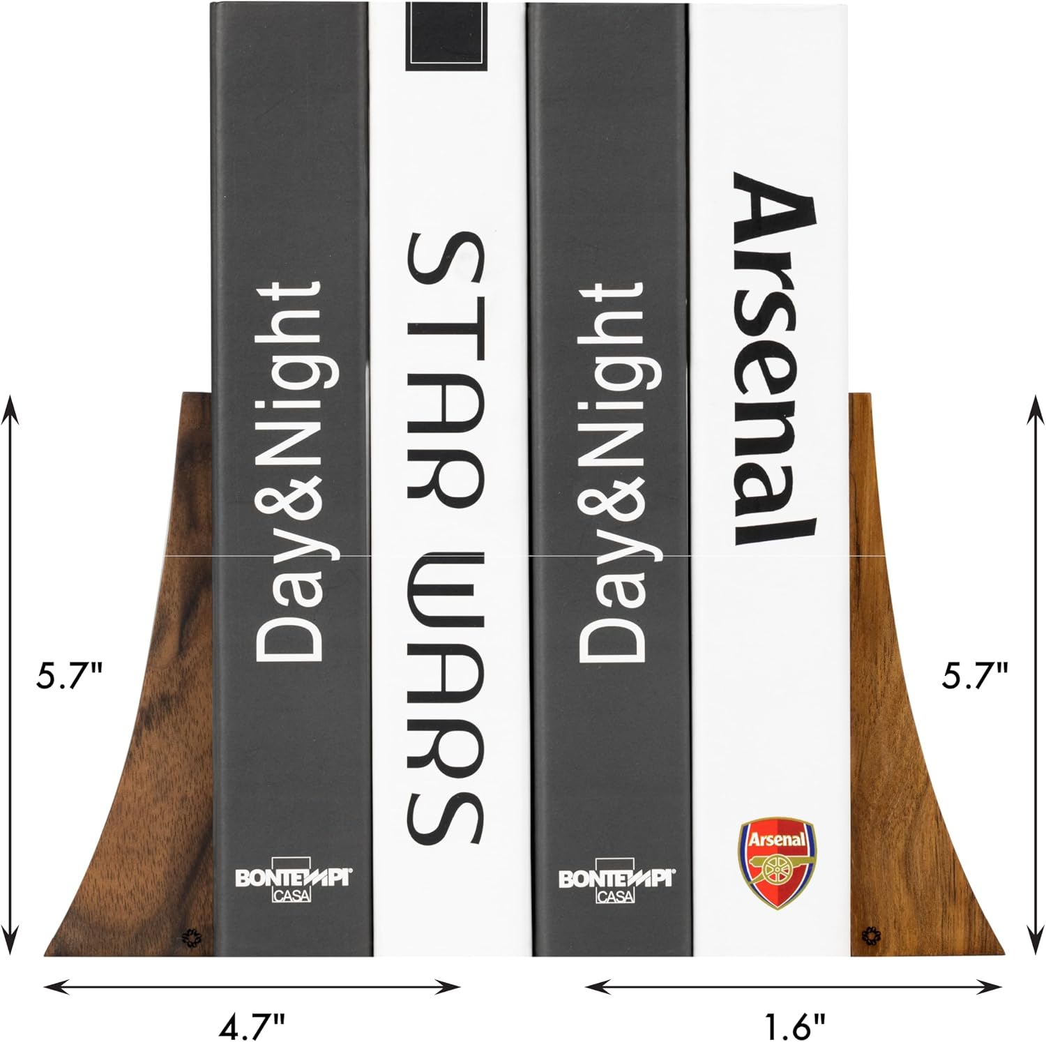 TILISMA Walnut Bookends for Shelves | Wooden Book Ends for Shelves | Sturdy Book Holders, Stoppers with Metal Base for Bookshelves | Slick Decorative Bookends Stands Firmly on Bookshelf (4 Pair)