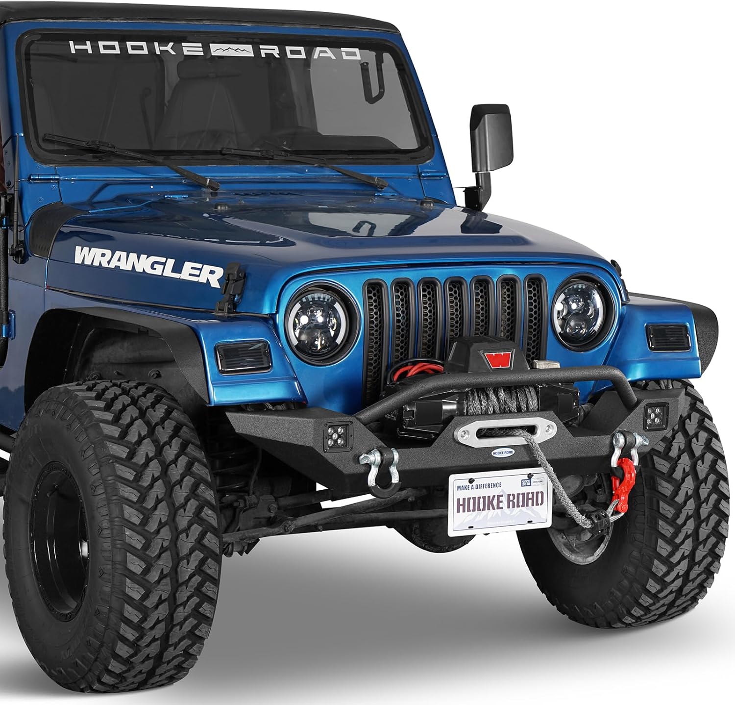 Hooke Road Offroad Mid Width Front Bumper with Winch Plate & 2 x 25W LED Lights for 1987-2006 Jeep Wrangler YJ TJ Models
