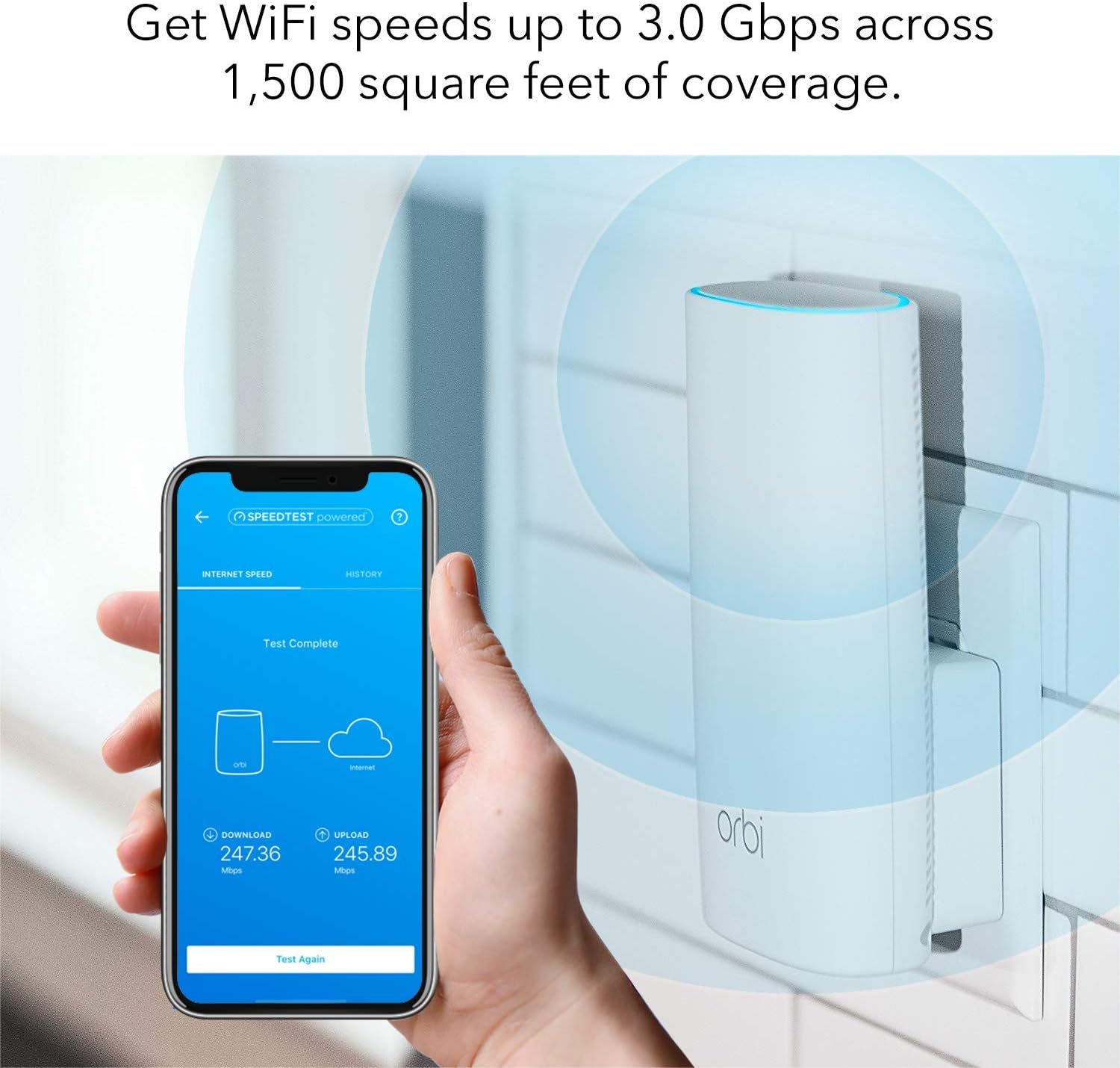 NETGEAR Orbi Wall-Plug Whole Home Mesh WiFi Satellite Extender - works with your Orbi router to add 1,500 sq. feet of coverage at speeds up to 2.2 Gbps, AC2200 (RBW30) (Renewed)