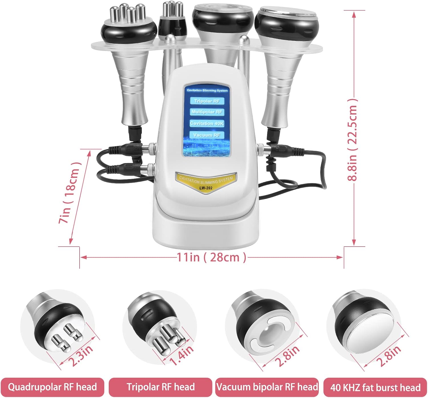 Image showing the dimensions of the main unit and the individual sizes of the Quadrupolar RF head, Tripolar RF head, Vacuum bipolar RF head, and 40 KHz fat burst head.