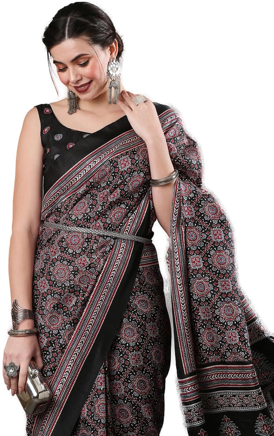SAREE MALLWomen's Ajrak Block Print Dola Silk Saree With Unstitched Blouse Piece