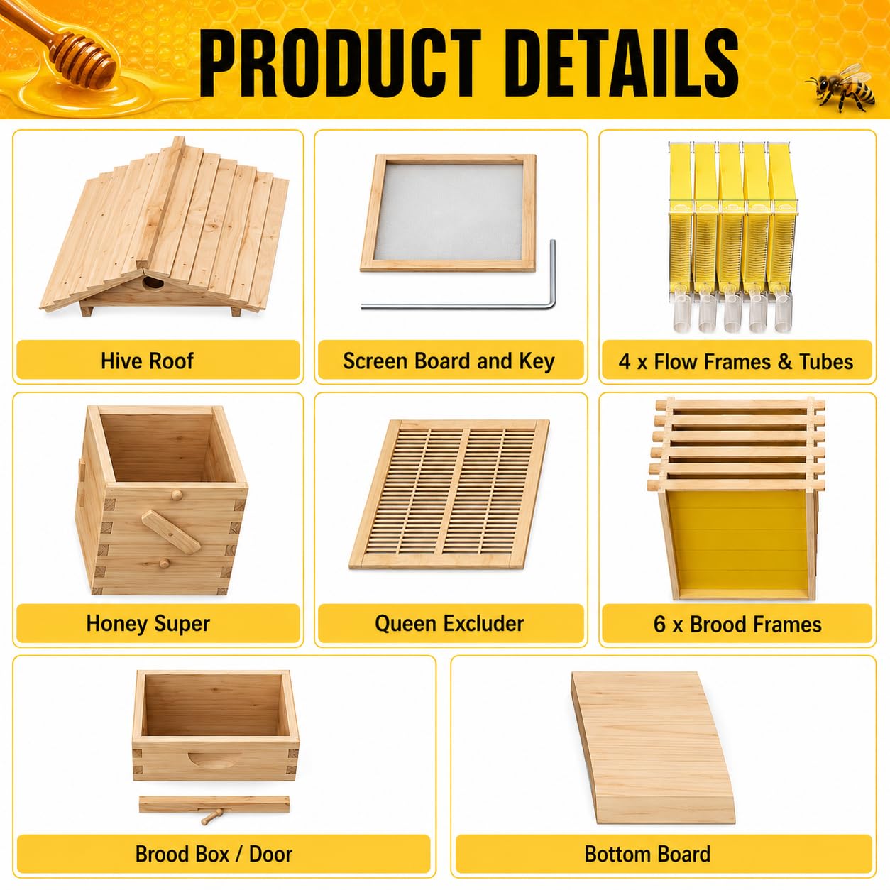 Kit ruche à flux vertical, ruche en bois, 4 cadres et 6 plateaux en nid