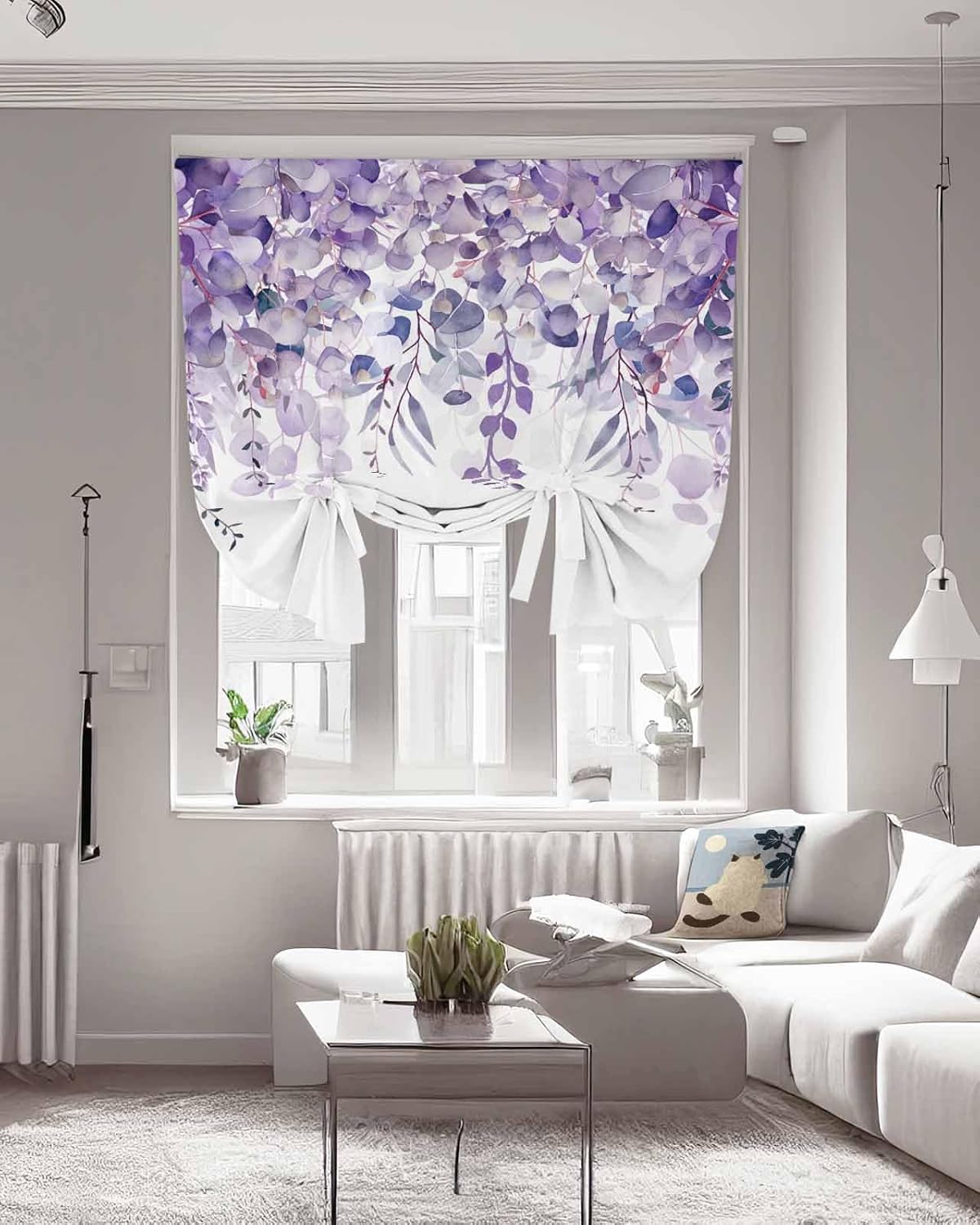 Purple Eucalyptus Linen Tie Up Curtain Shade for Windows,Adjustable Light Filtering Balloon Rod Pocket Elegant Leaves Panel,Bedroom Kitchen Basement Living Room Bathroom White Curtain Drapery 42"x54"