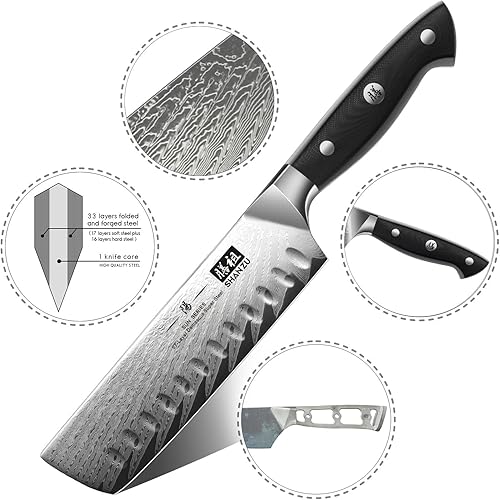 Miniatura 4 de SHAN ZU Nakiri - Cuchillo profesional para verduras de acero Damasco japonés (AUS-10), mango ergonómico G10, serie SUN