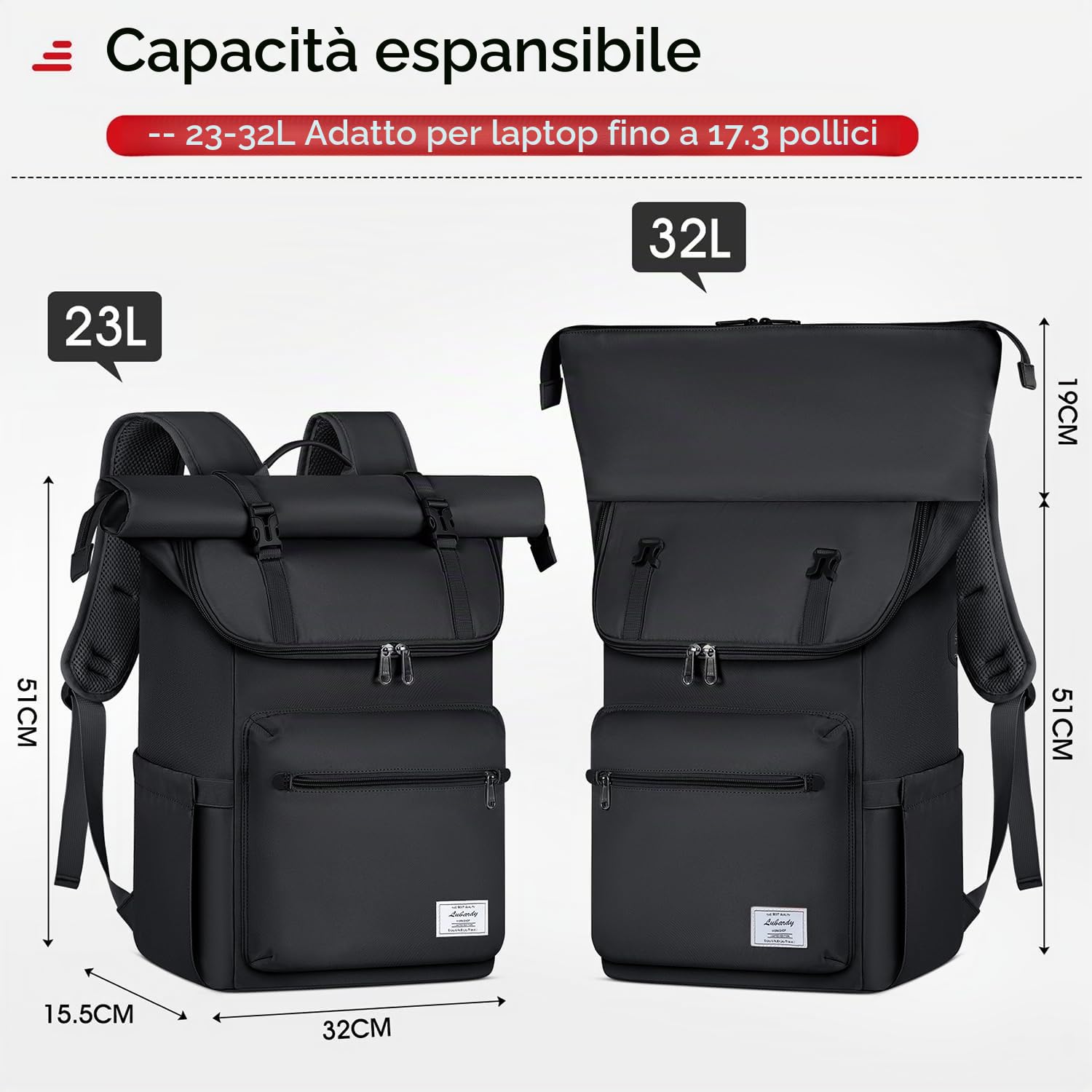 Lubardy Zaino Porta PC 17 Pollici per Uomo e Donna Zaino da Viaggio | con Foro USB, Scomparto per Laptop e Cinghie per Bagagli, per Università, Lavoro, Escursioni