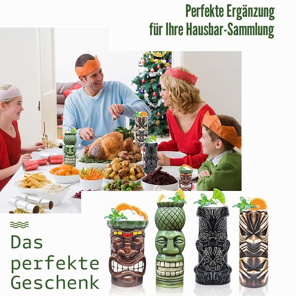 Tiki Becher Cocktail-Set von 8 – Becher, Keramik, hawaiianische Luau-Party-Tassen, Drinkware, niedliche, exotische Cocktailgläser, Tiki-Bar, professionelle Hawaii-Party-Barware,