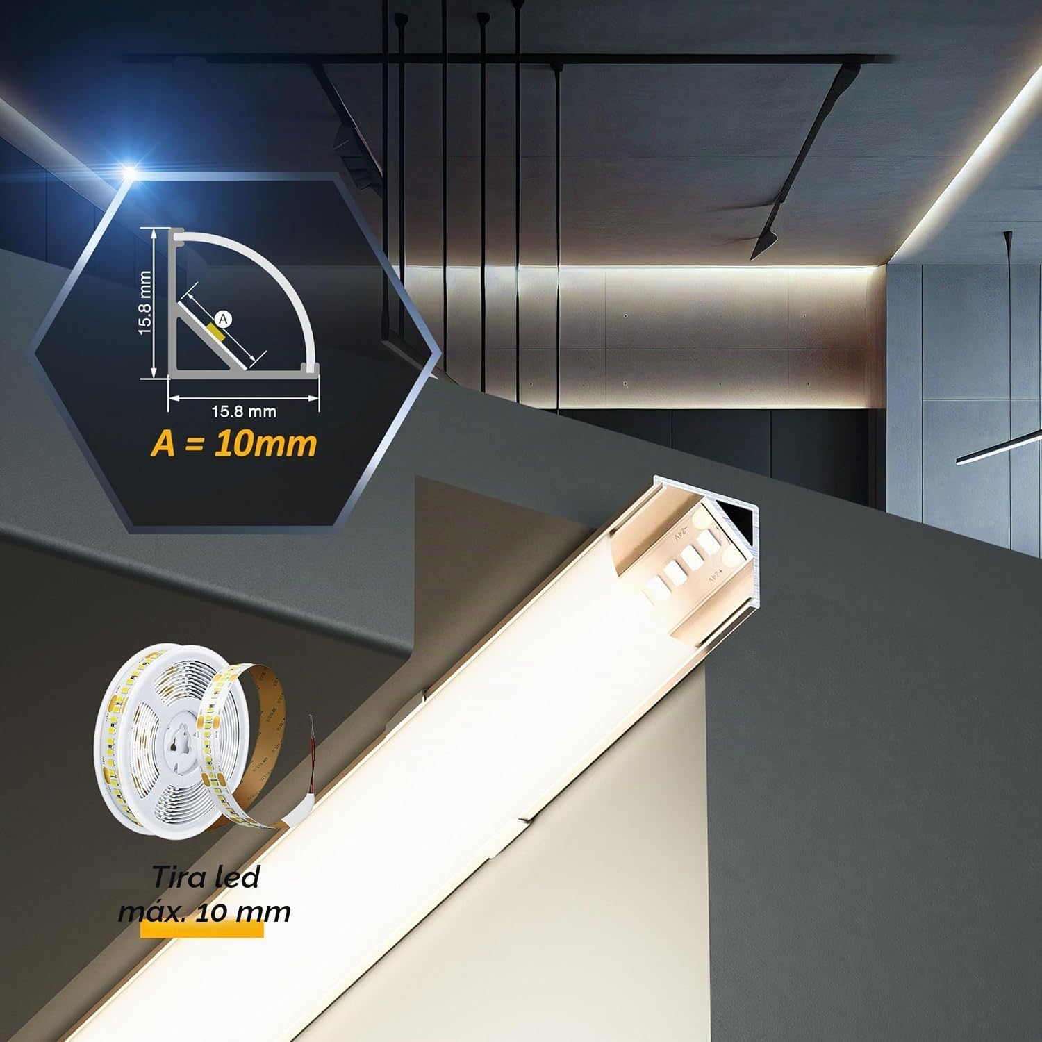 10 perfiles de esquina LED de aluminio blanco 2 m para tiras LED de 10 mm de ancho máximo, longitud 2000 x 15,8 x 15,8 mm, perfil LED de 45 grados, forma de V, perfil de esquina, canal y difusor para