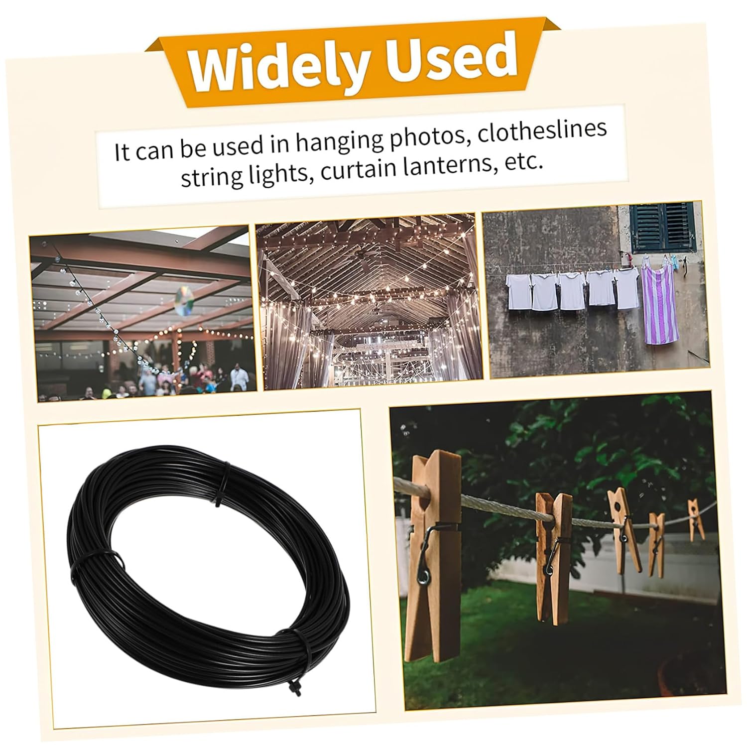 1 Roll Stainless Steel Wire Rope Black Plastic Coated Weather Resistant Hanging Steel Cable for Indoor and Outdoor Use, Safe Handling for Workshops and Home Organization
