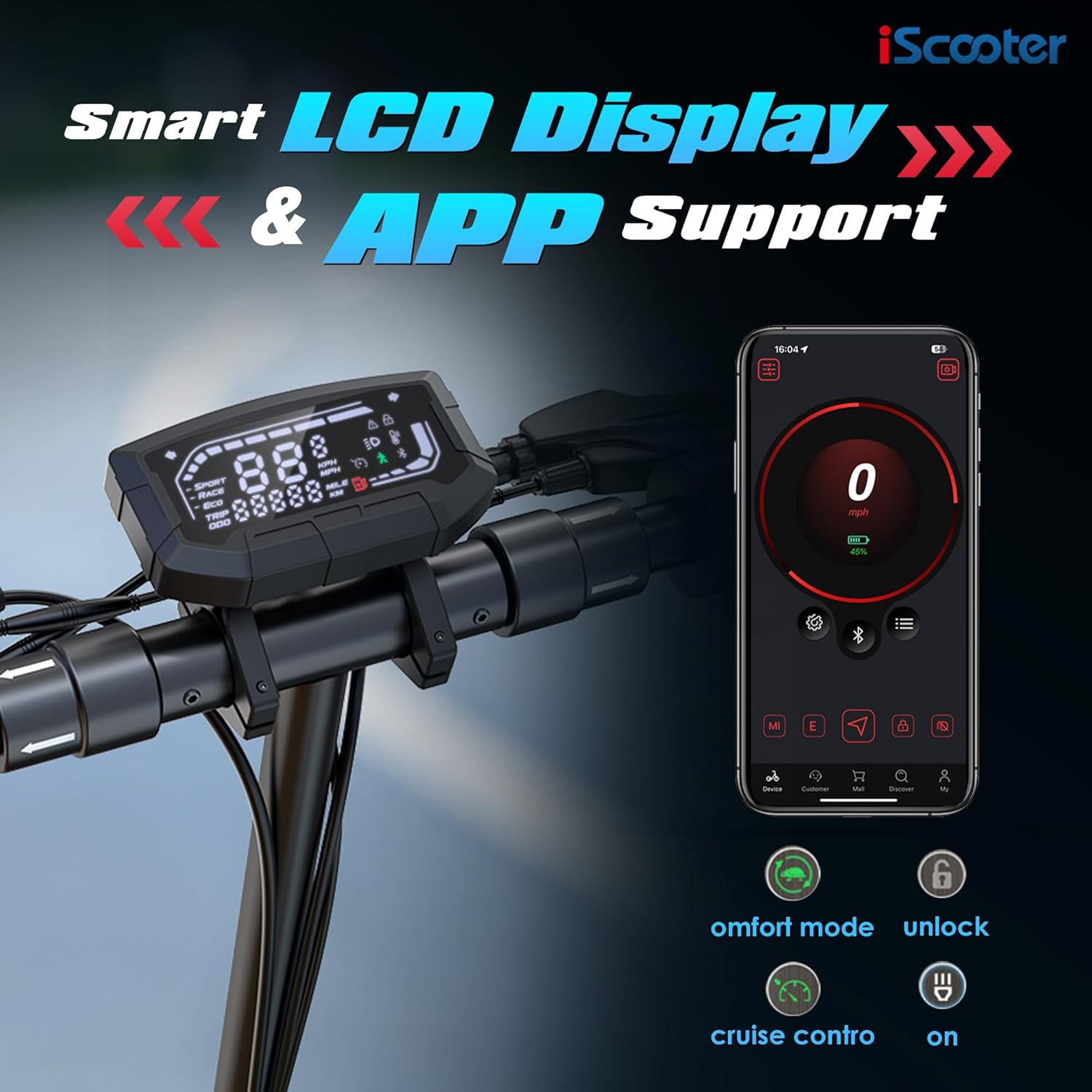 iScooter iX3 LCD display and app interface