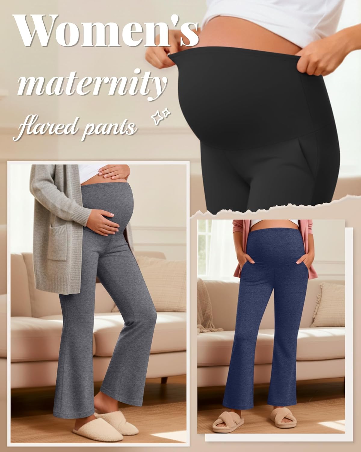 3 Pack Women's Maternity Pants Over The Belly Stretchy Pregnancy Sweatpants Bootcut Pregnancy Trousers with Pocket - Image 2