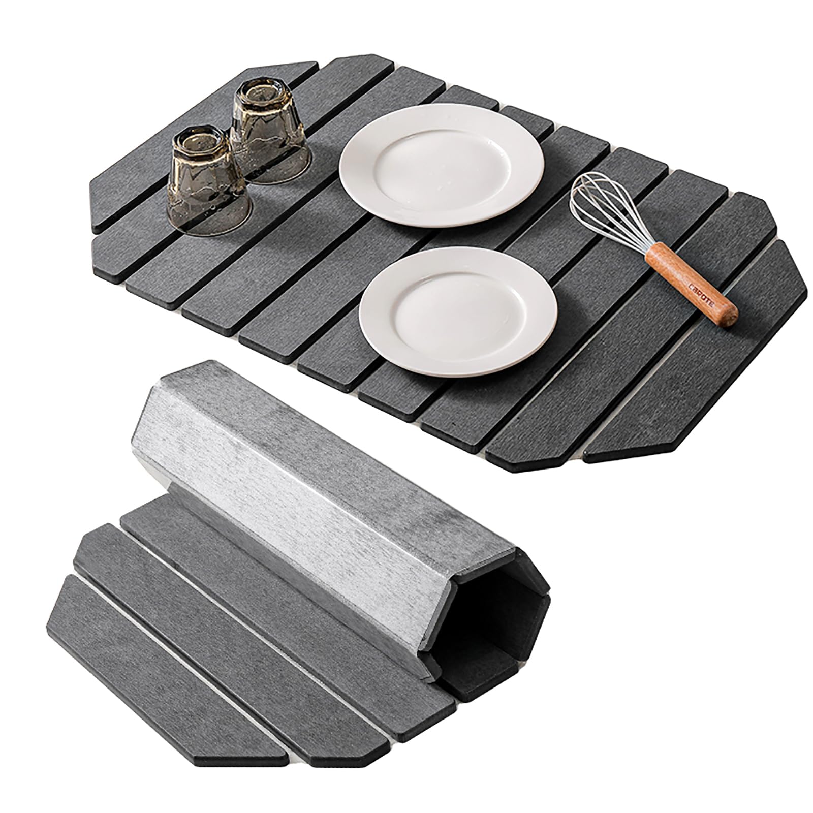 Stone Drying Mat for Kitchen Counter, Large Dish Drying Mat 24"(L)×16"(W), Quick-Dry, Collapsible Diatomaceous Earth Mat, Super Absorbent & Non-Slip for Dishes,Utensils,Bottles(Dark Gray)