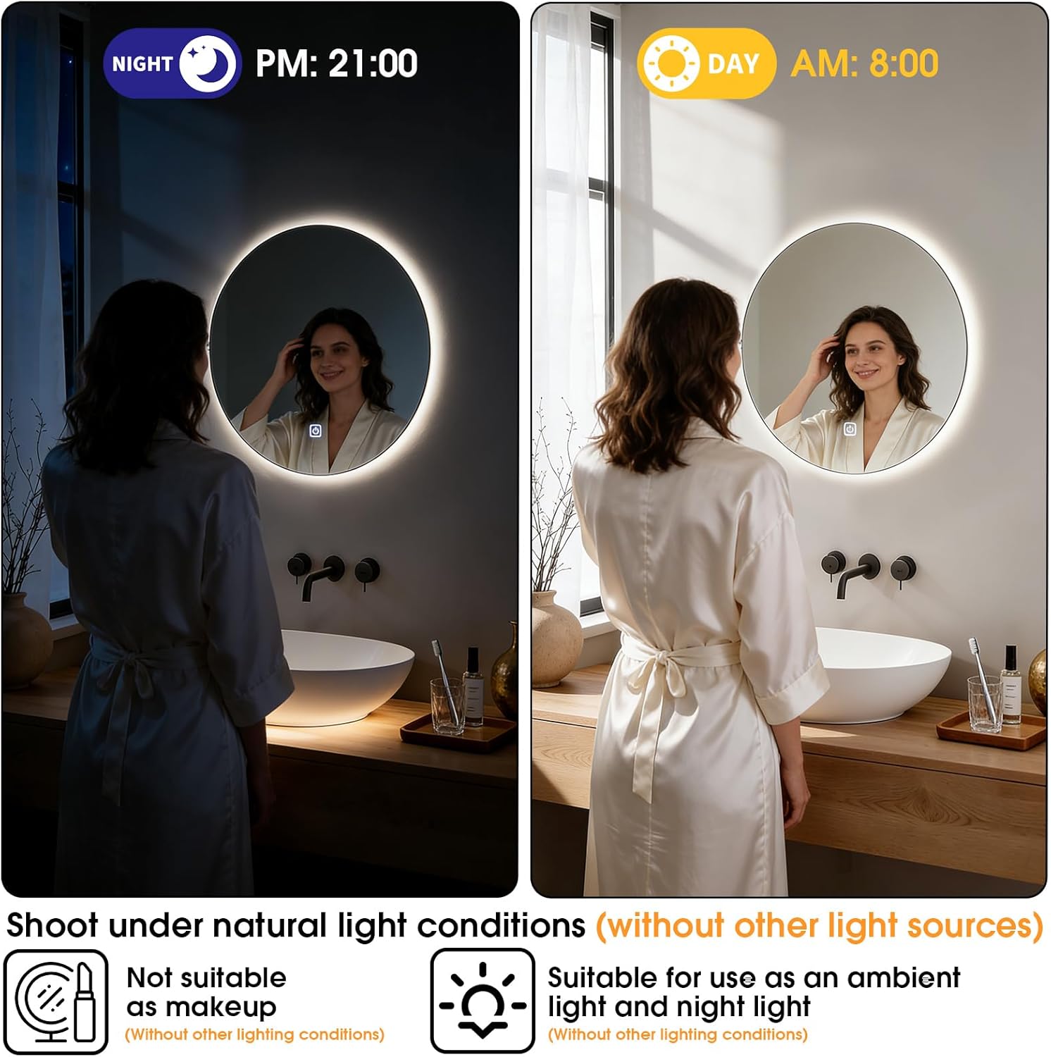 20 Inch Round LED Bathroom Mirror with Lights, Lighted Vanity Bathroom Mirror with Backlit, Stepless Dimmable & 3 Colors (3000K/4000K/6000K), IP54 Waterproof