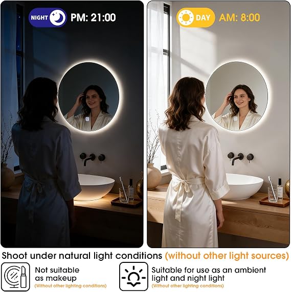 20 Inch Round LED Bathroom Mirror with Lights, Lighted Vanity Bathroom Mirror with Backlit, Stepless Dimmable & 3 Colors (3000K/4000K/6000K), IP54 Waterproof