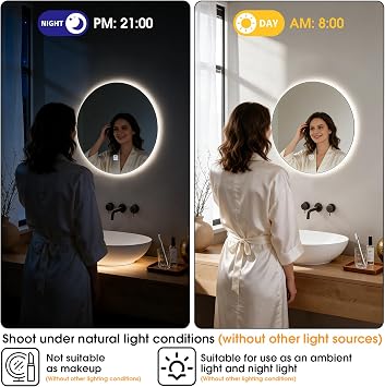 20 Inch Round LED Bathroom Mirror with Lights, Lighted Vanity Bathroom Mirror with Backlit, Stepless Dimmable & 3 Colors (3000K/4000K/6000K), IP54 Waterproof