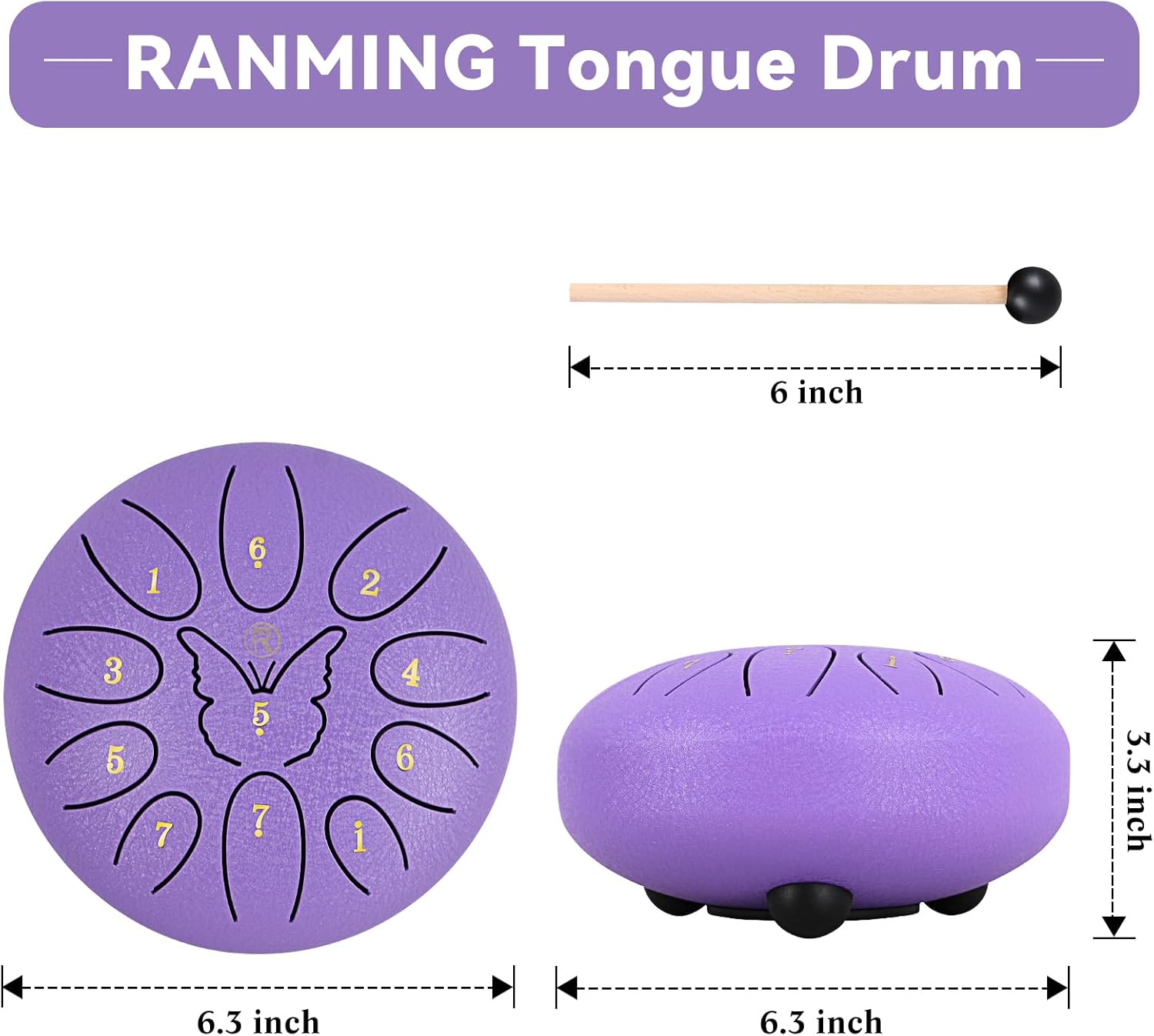 RANMING 6 Inch Steel Tongue Drum 11Note C Key Tongue Drum Kids & Adult Handpan with Gig Bag Music Book Mallets Finger Loops Mallets Stand Highlight Stickers for Meditation,Yoga & Camping Purple