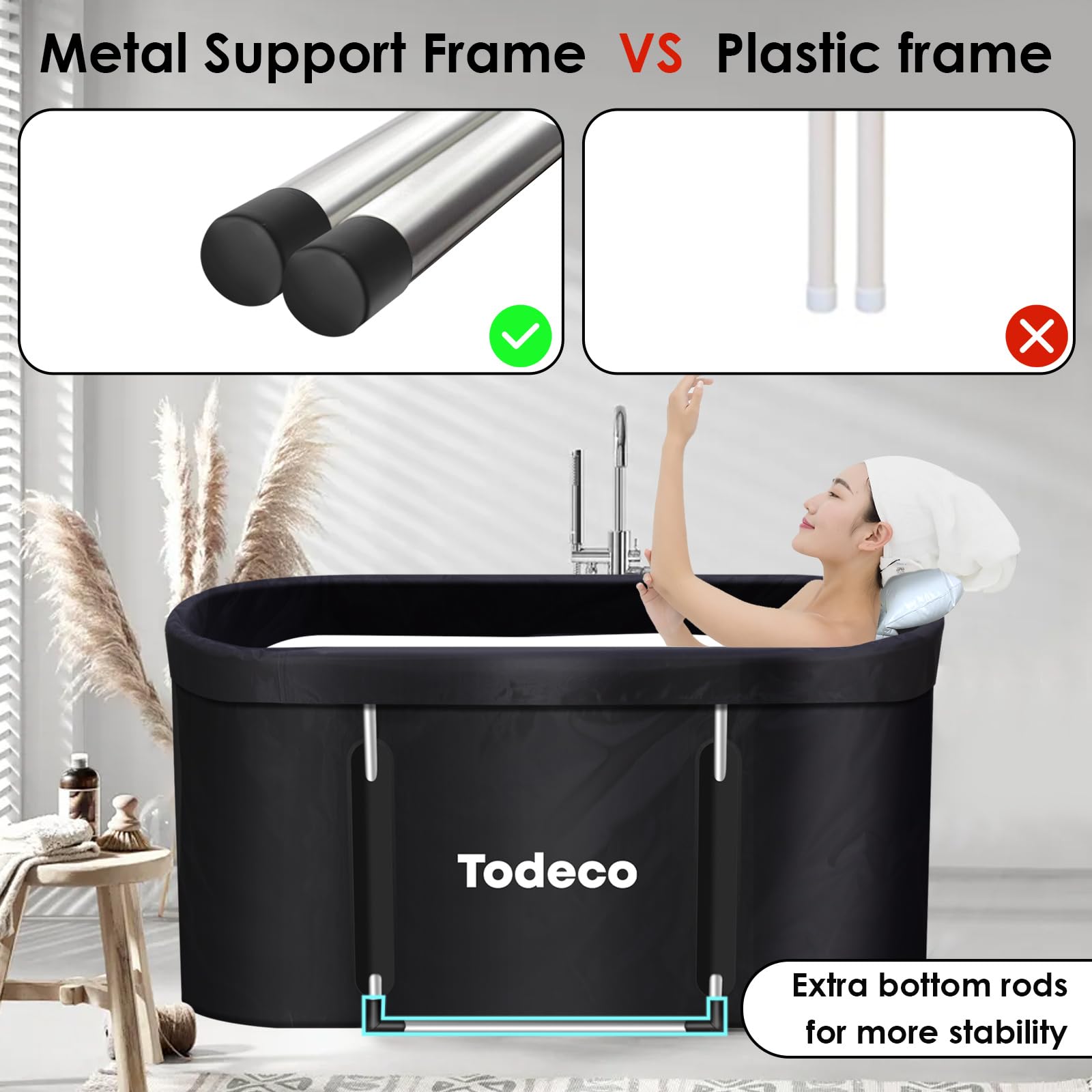 Todeco Vasca da bagno pieghevole portatile per adulti, grande mobile autoportante vasca da bagno con staffa metallica rinforzata, per piccolo bagno, per SPA, doccia, Bagni di ghiaccio e bagni caldi