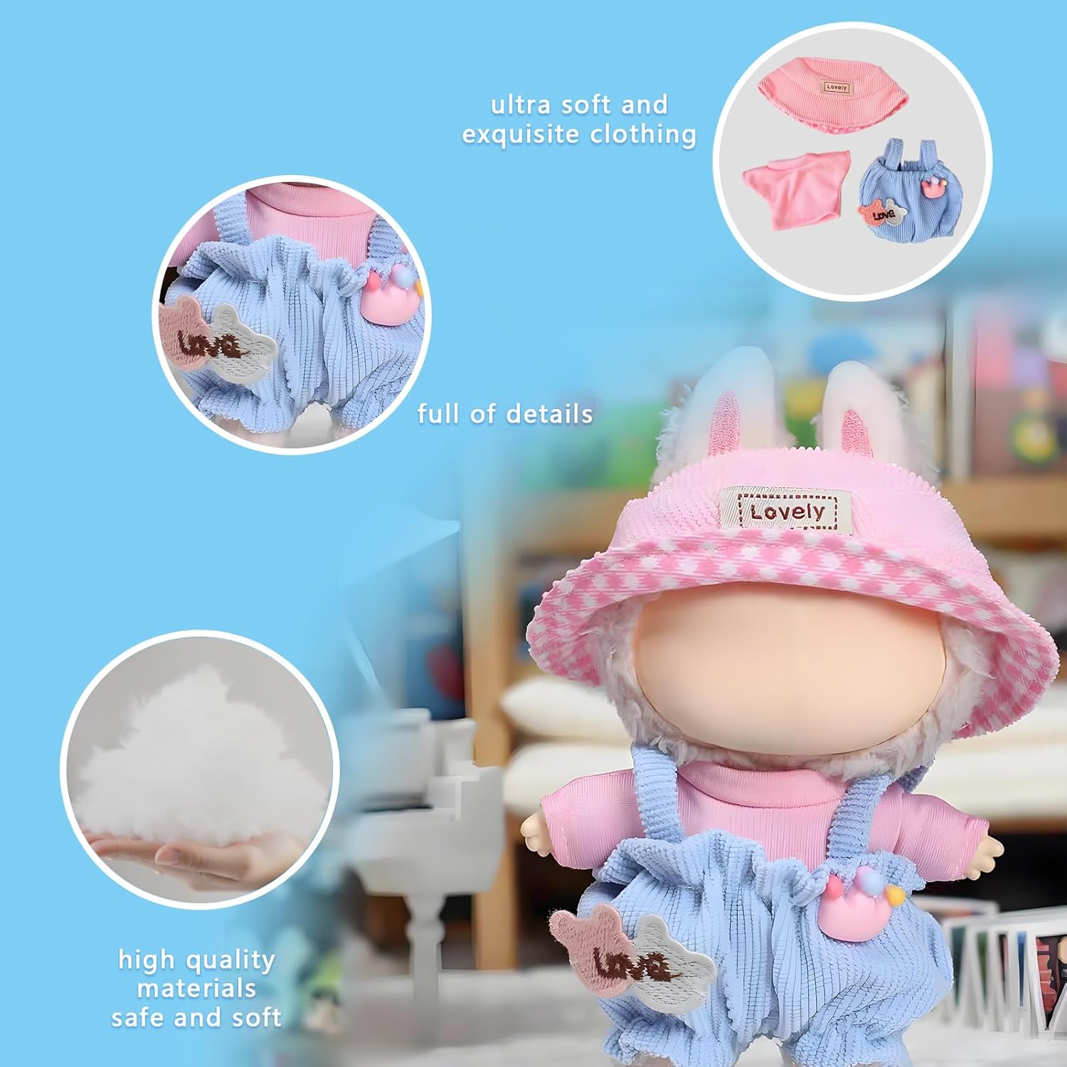 Condition photo showing New/Like New for Doll Clothes Set for 17cm Dolls (6.7 inch) - Blue Overalls with Pink Top and Cap, Kawaii Party Clothing Accessories(STK02)