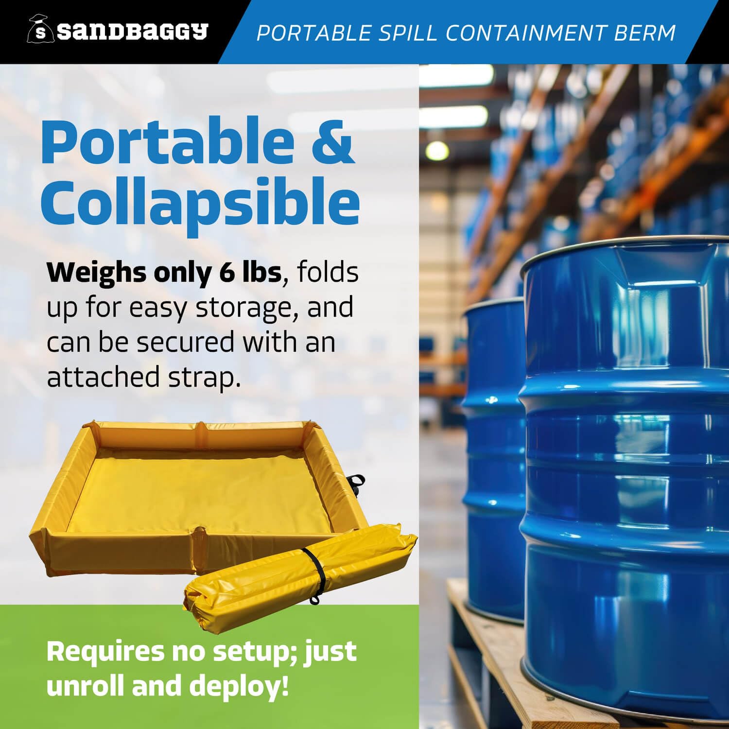 Sandbaggy 4 ft x 4 ft Portable Spill Containment Berm - Flexible, Collapsible - Temporary and Secondary Containment - 130 Gallon Capacity (1, 4 ft x 4 ft)