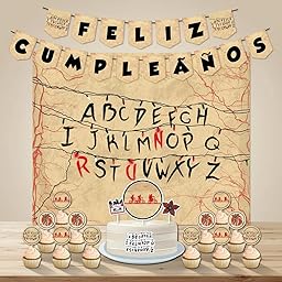 Decoración Cumpleaños StraangerrThinggs - 1 Cartel 100x80cm, 2 Banderines, 1 Cake Topper, 12 Toppers - Diseño para Fiestas Infantiles (Pack 3)