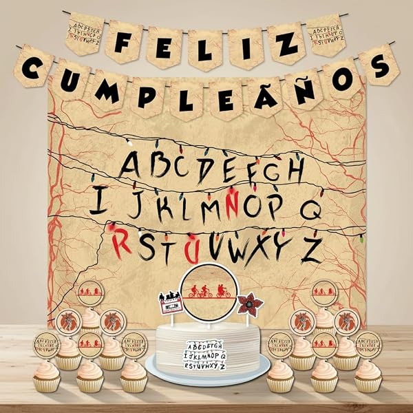 Decoración Cumpleaños StraangerrThinggs - 1 Cartel 100x80cm, 2 Banderines, 1 Cake Topper, 12 Toppers - Diseño para Fiestas Infantiles (Pack 3) - 1