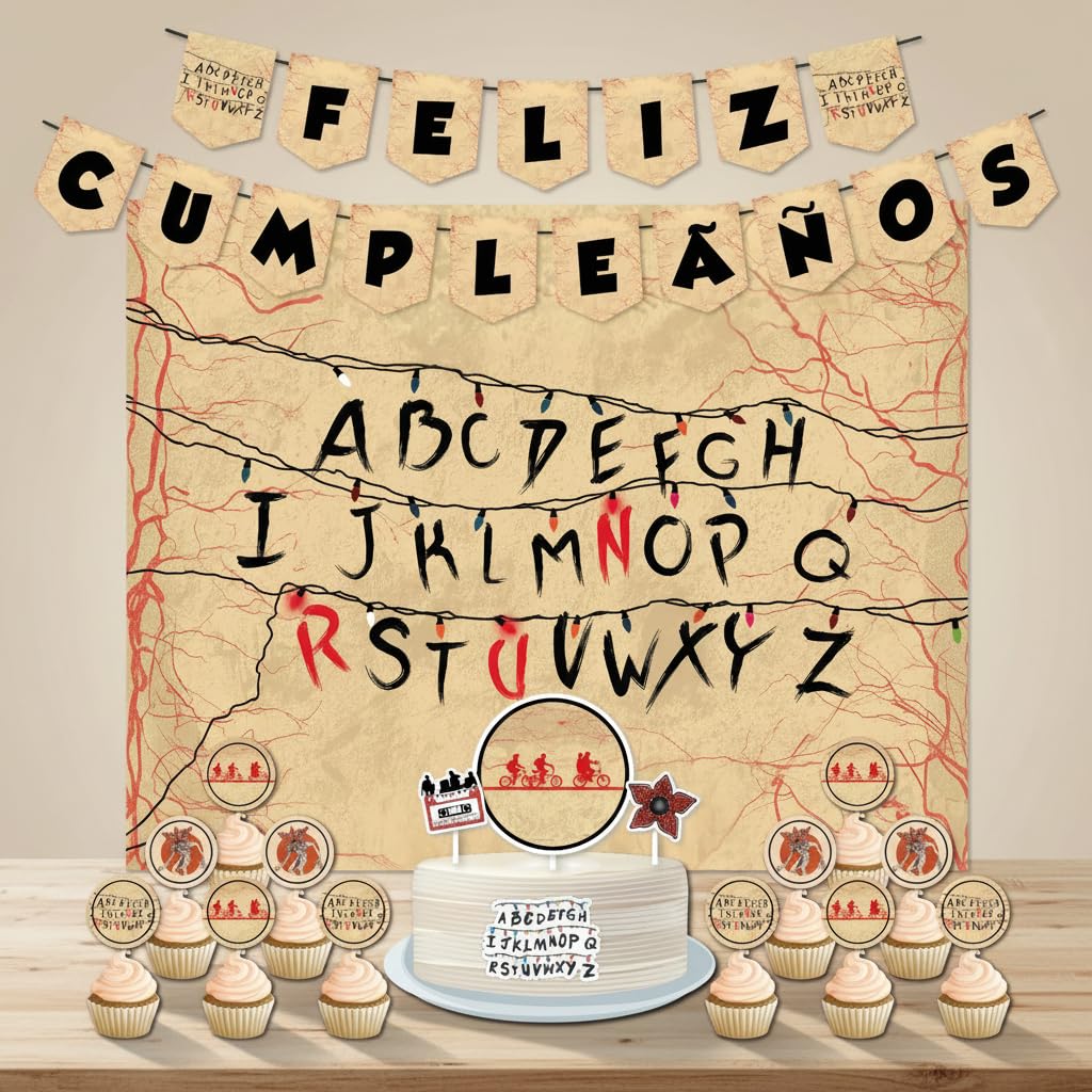 Decoración Cumpleaños StraangerrThinggs - 1 Cartel 100x80cm, 2 Banderines, 1 Cake Topper, 12 Toppers - Diseño para Fiestas Infantiles (Pack 3) - 1
