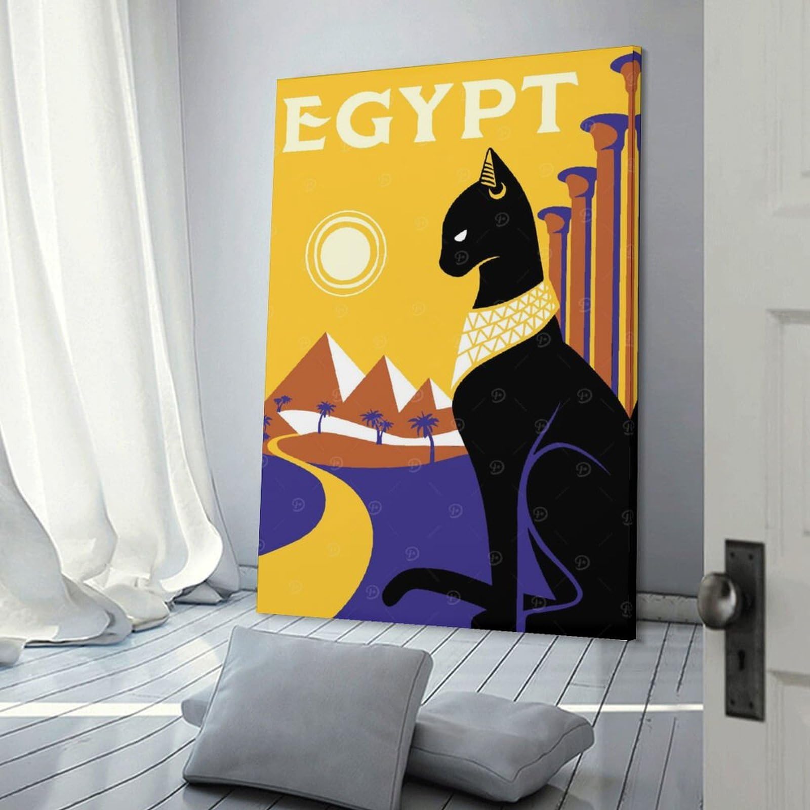 Junmoney Canvas Art Print Egypt Cat Travel, 24x36inch(60x90cm), for Gallery Wall Decor And Room Displays, Wall Decor Suited to Curated Displays