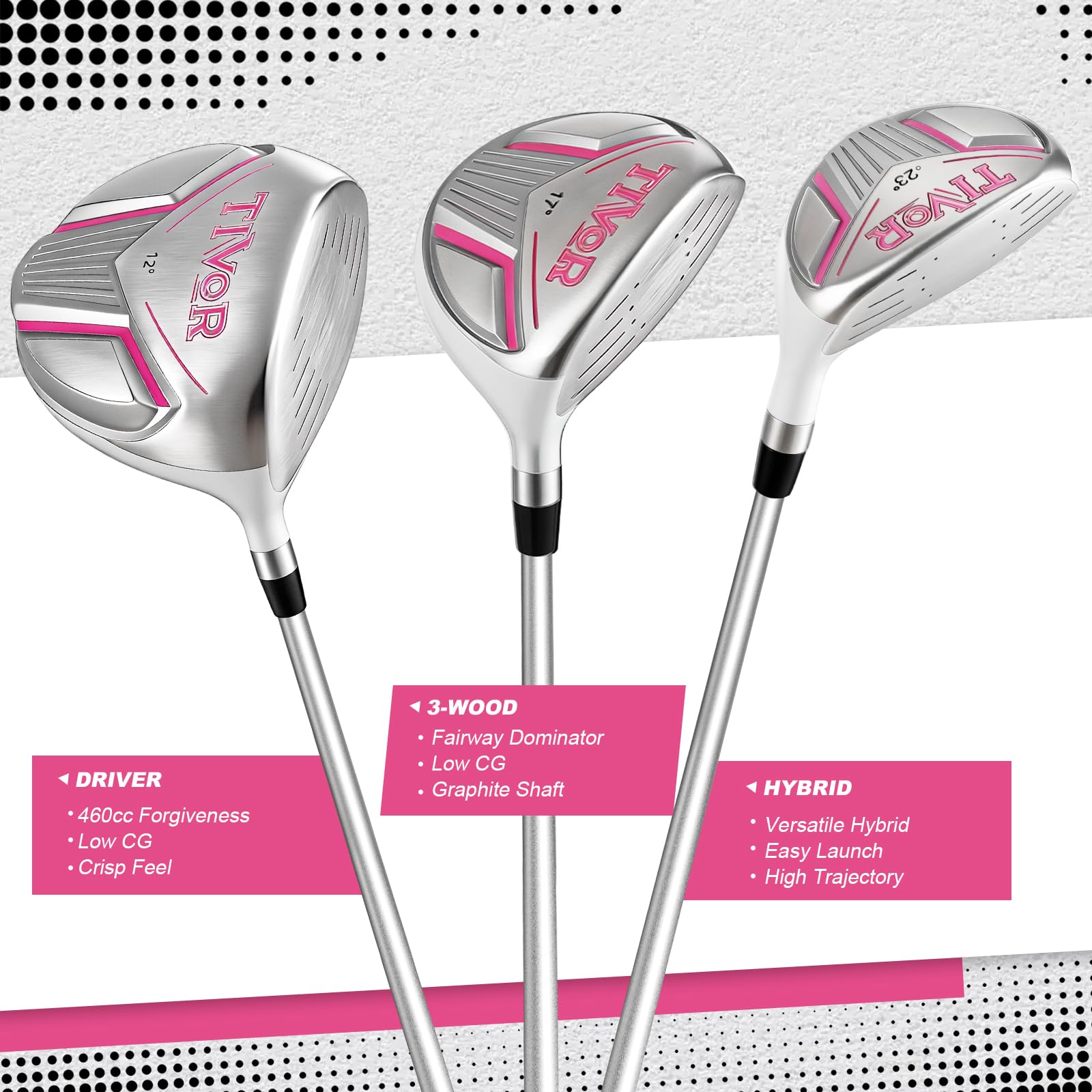 Golf Clubs Set Complete 14-Piece with Driver Fairway Hybrid Irons Putter Stand Bag & 3 Headcovers for Women Men Right Left Handed - Beginner Golf Sets Pink Black - 3