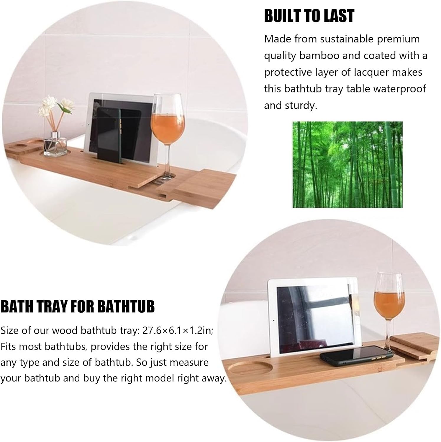 Premium Bathtub Tray Caddy, Natural Bamboo Bath Tray for Tub, 27.6" Bath Table Tray, Holder for Tablet and Wine Glass, Bathtub Accessories & Bathroom Gadgets