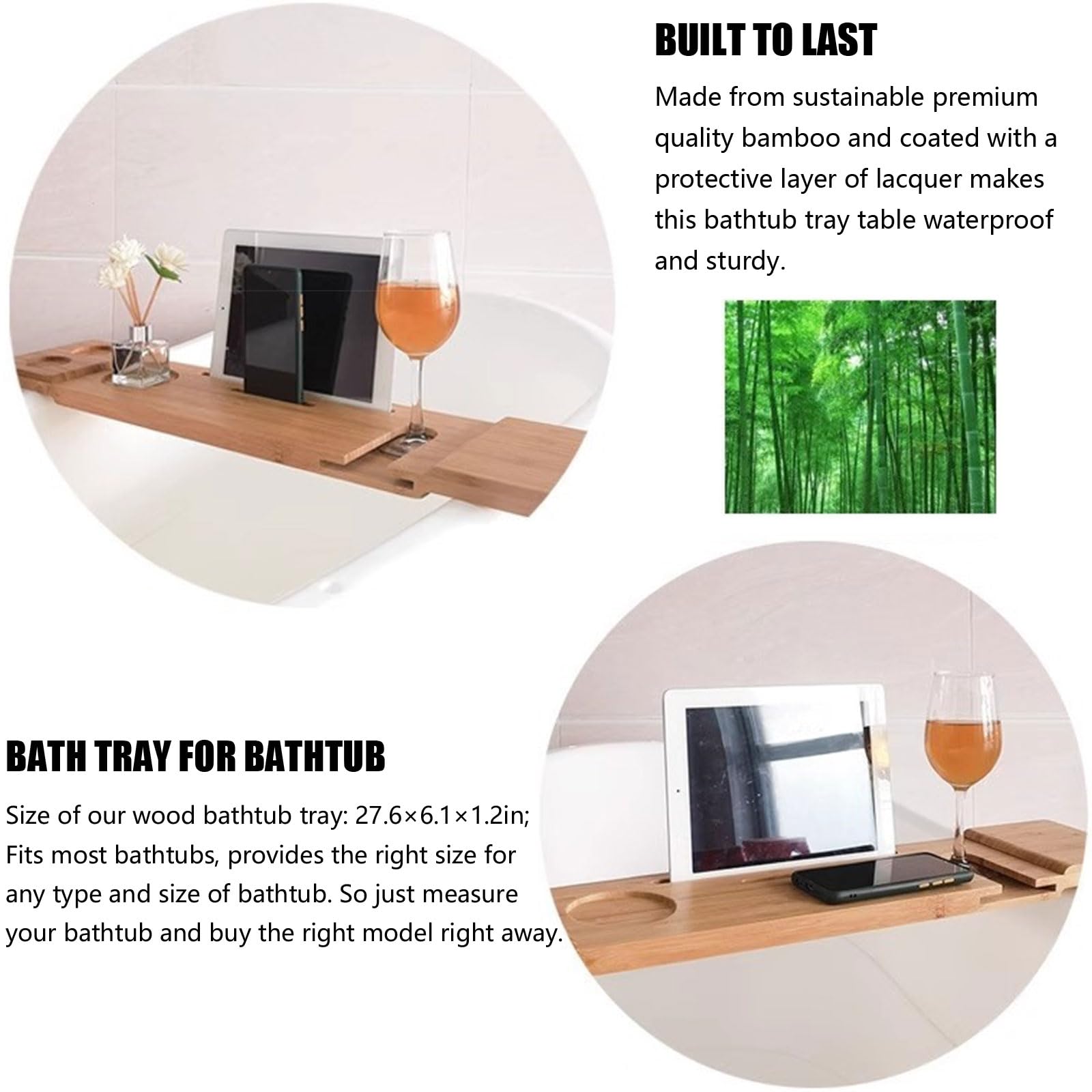 Caddy Vassoio da Bagno Premium, Vassoio da Bagno in bambù Naturale per Vasca, 27,6 "Vassoio da Bagno, Porta per Tablet e Bicchiere da Vino, Accessori da Bagno e Gadget da Bagno