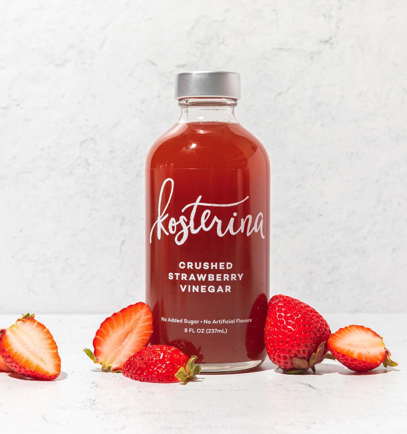 Kosterina - Crushed Strawberry Vinegar – Fruit White Wine Vinegar – Good for Salad Dressing, Marinades, Cocktail Mixer, Healthy Mocktails, Shrub, Digestive Tonic - Apple Cider Vinegar Alternative | 8oz (237ml)