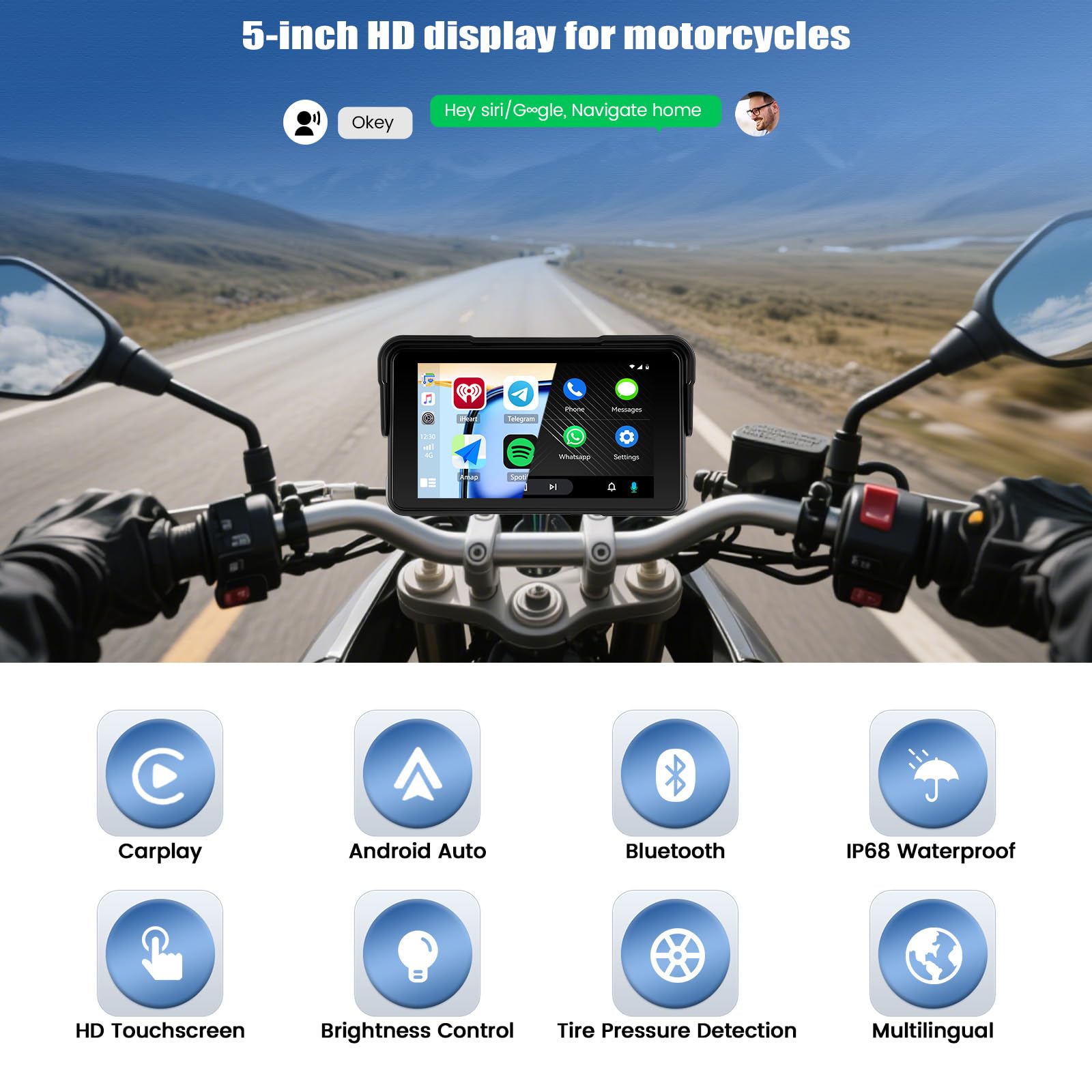 [2026 NUOVO] CAMECHO Wireless Carplay Moto Schermo, IP68 Touchscreen da 5 pollici Navigatore GPS Auto con Portatile Senza Fili CarPlay & Android Auto Impermeabile Touchscreen Bluetooth