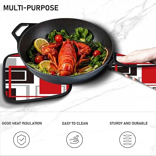 Miniatura 5 de MCALK Juego de 5 manoplas geométricas rojas para horno y soportes para ollas, guantes de horno negros y almohadillas calientes para cocina de