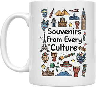 Cultural Travel Enthusiast Coffee Mug - Souvenirs From Every Culture - 11 oz White Ceramic - Whimsical Design