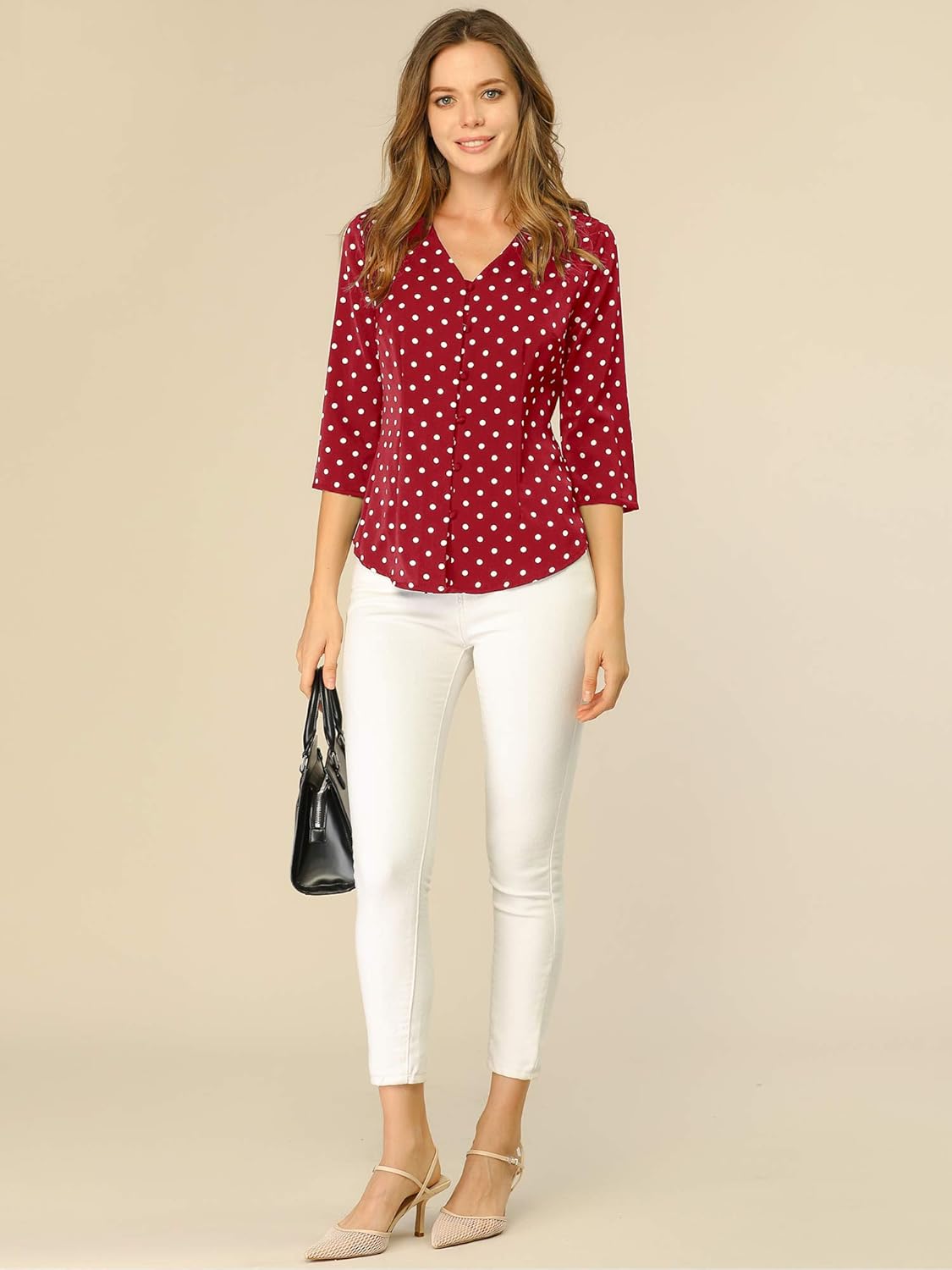 Allegra K Women's Vintage Polka Dots 3/4 Sleeve Button Front V Neck Casual Office Blouse Top - Image 2