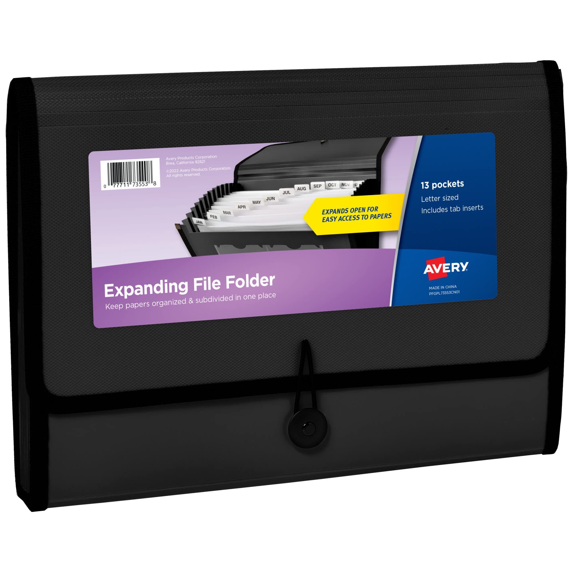 Avery Expanding File Folder Organizer, 13-Pocket Accordion File Organizer, Black, Holds 425 Letter/A4-Size Sheets (73553)