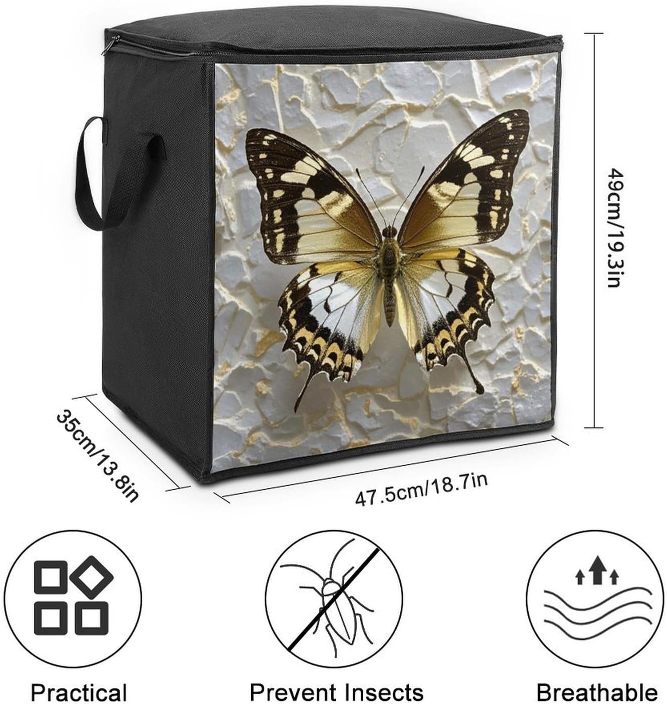 Gold And White Butterfly Storage Bag with Zippers And Handle Extra Large Bedding Comforter Storage Bag Foldable Blanket Storage Bags Fabric Moving Bags for Closet Organizer (70L)