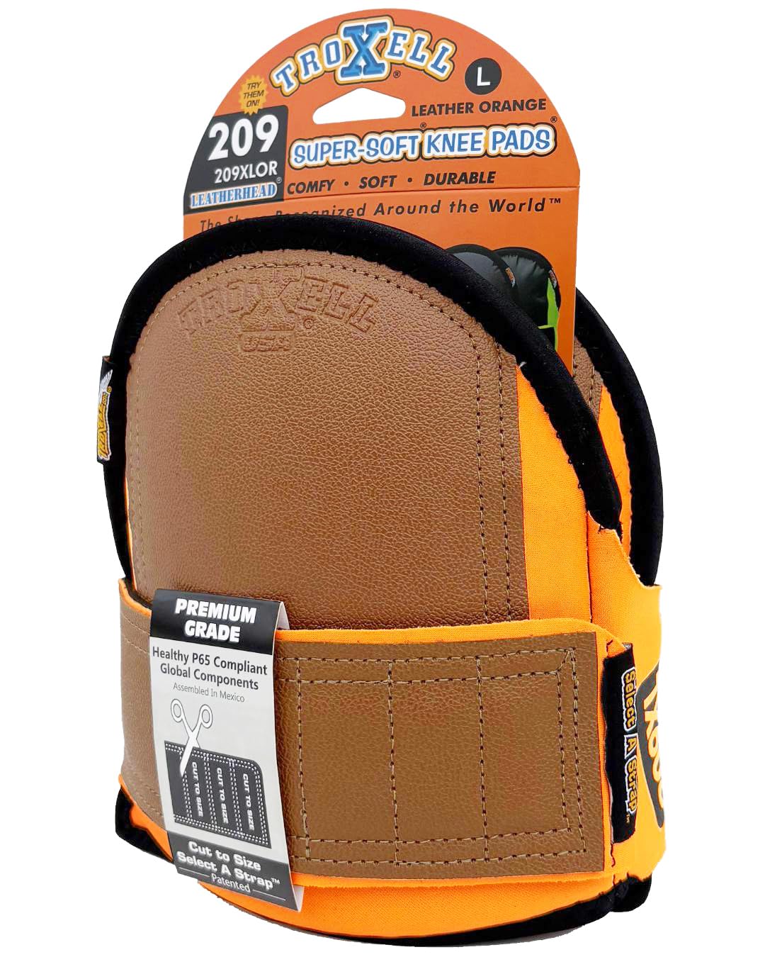TROXELL USA Super-Soft Large Leatherhead Orange Knee Pads - Comfortable, Adjustable, Washable Kneepads