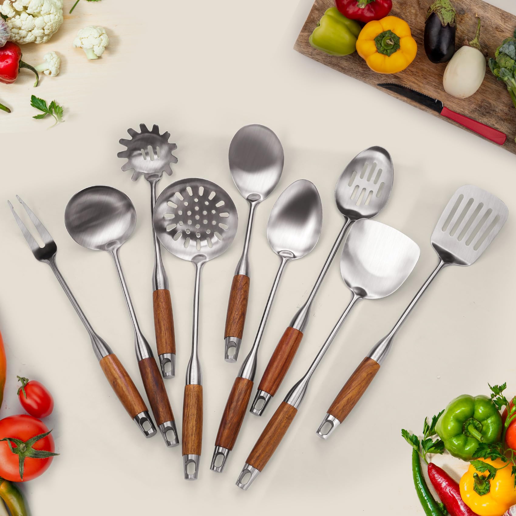Set di utensili da cucina in acciaio inox 304 con manico in legno, set di utensili da cucina in metallo, spatola wok da cucina in acciaio inox