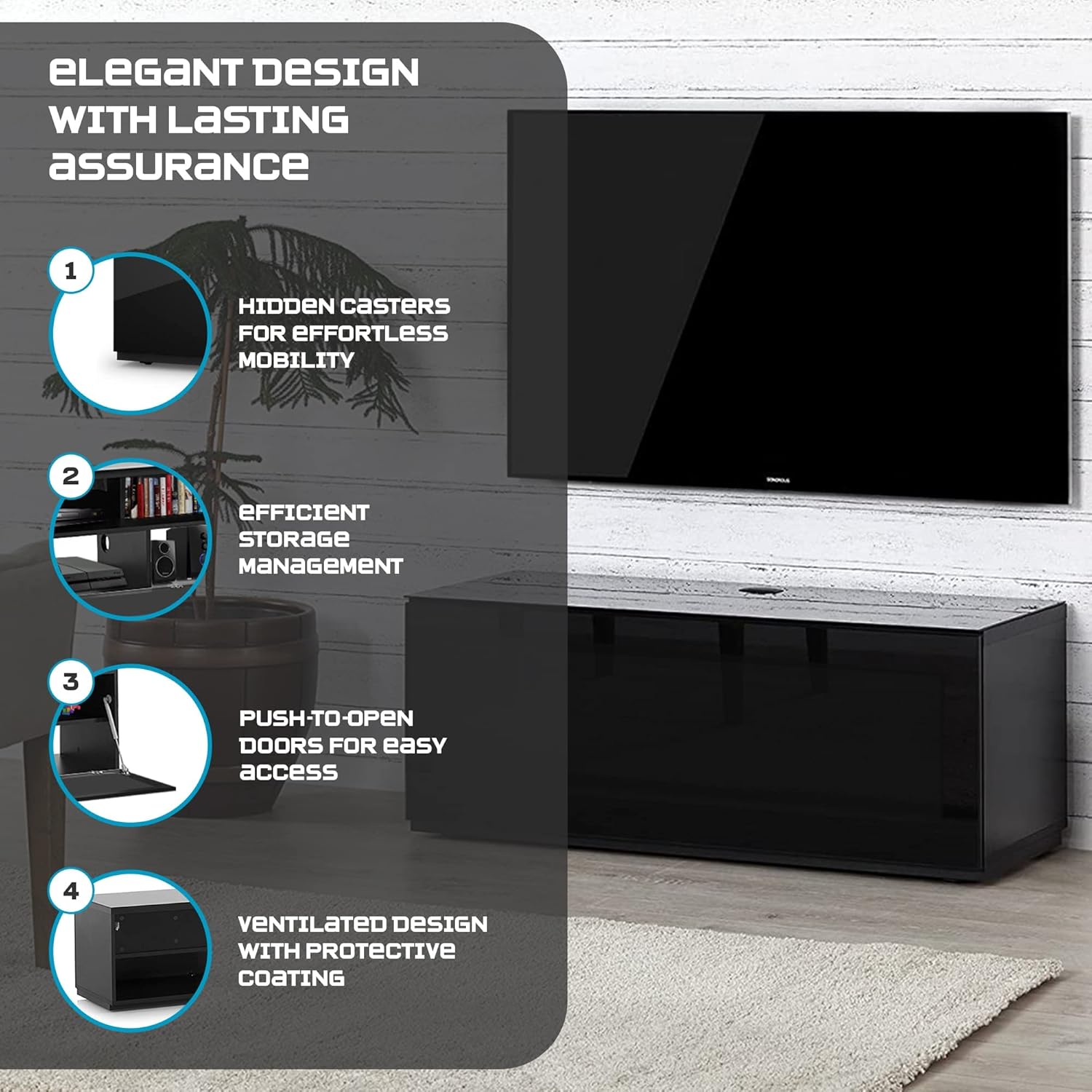 SONOROUS ST-110 Premium TV Stand with Black Glass & Black Wood Cover – Modern Entertainment Center & Media Console for Living Room – TV Cabinet up to 65 Inch with Hidden Wheels – Sleek Storage Design