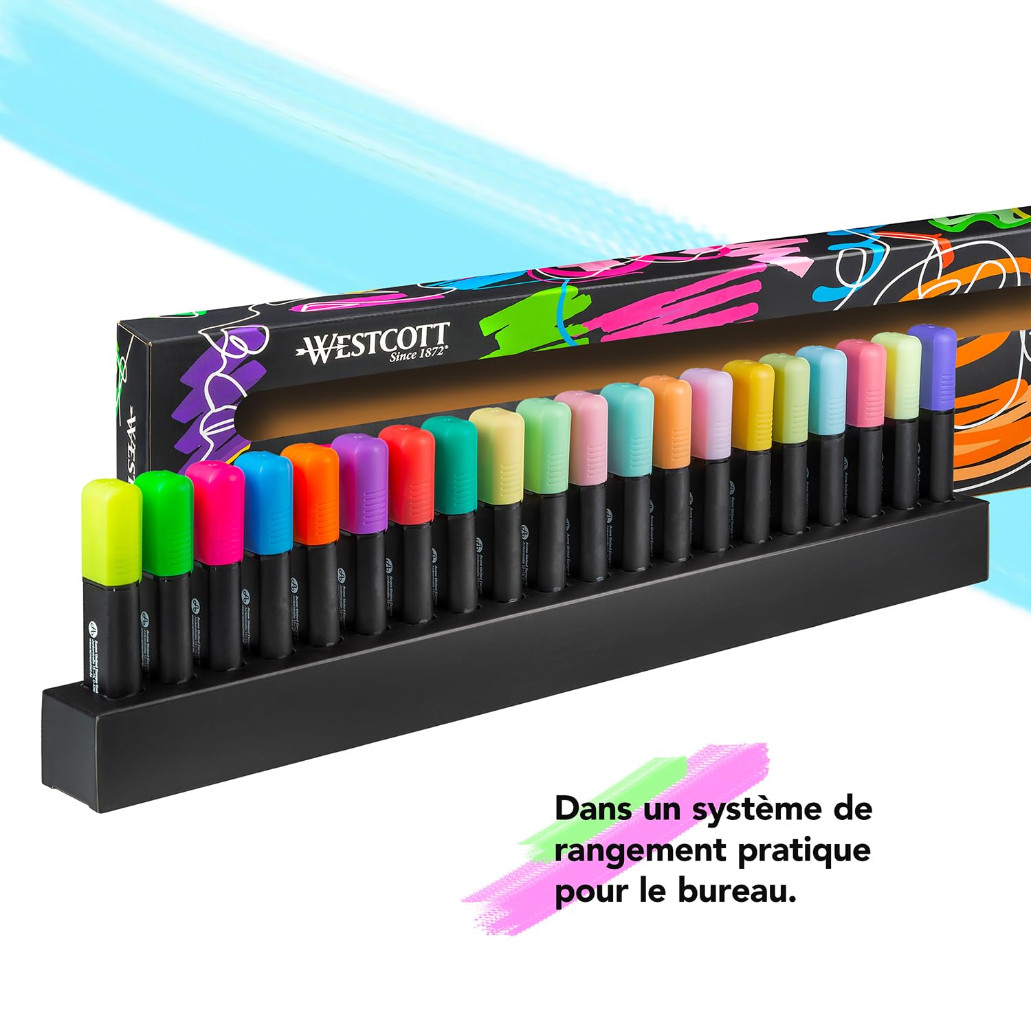 Westcott Marqueurs de table 20 pièces en néon et pastel | Lot de 20 marqueurs surlignants avec système d'organisation | Épaisseur de trait 2-5 mm | Encre premium fabriquée en Allemagne | E-744250 00