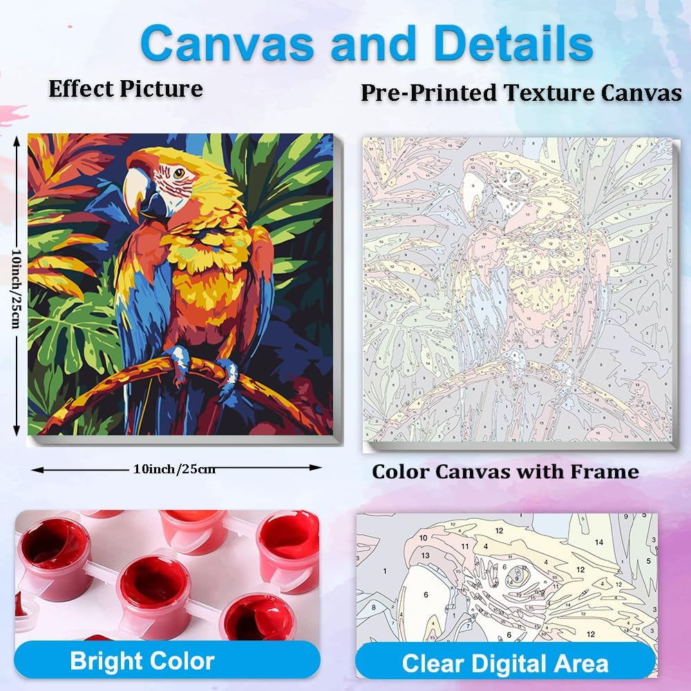 Artunion Framed Paint by Numbers Kit for Adults Beginners & Kids Ages 8-12,Colorful Parrot Paint by Number with Frame,Bird Paint by Numbers Kit on Canvas 10 * 10 Inch Without Easel image 4