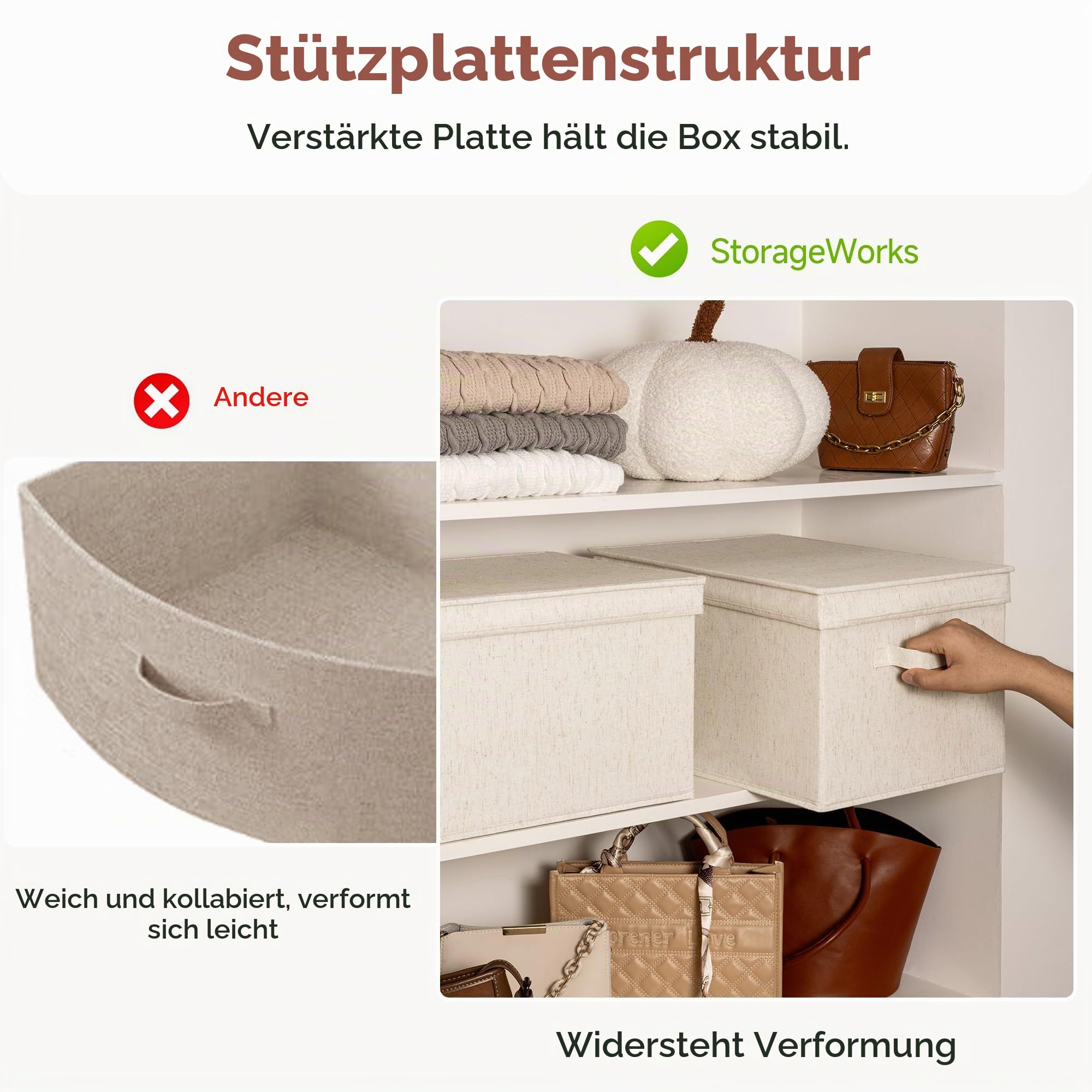 StorageWorks Aufbewahrungskorb mit Deckel, dekorative Aufbewahrungsboxen mit PU-Griffen, stapelbare Stoff-Aufbewahrungskörbe für Schrank, Regale, Beige (Baumwolle-Leinen), Jumbo, 3 Stück